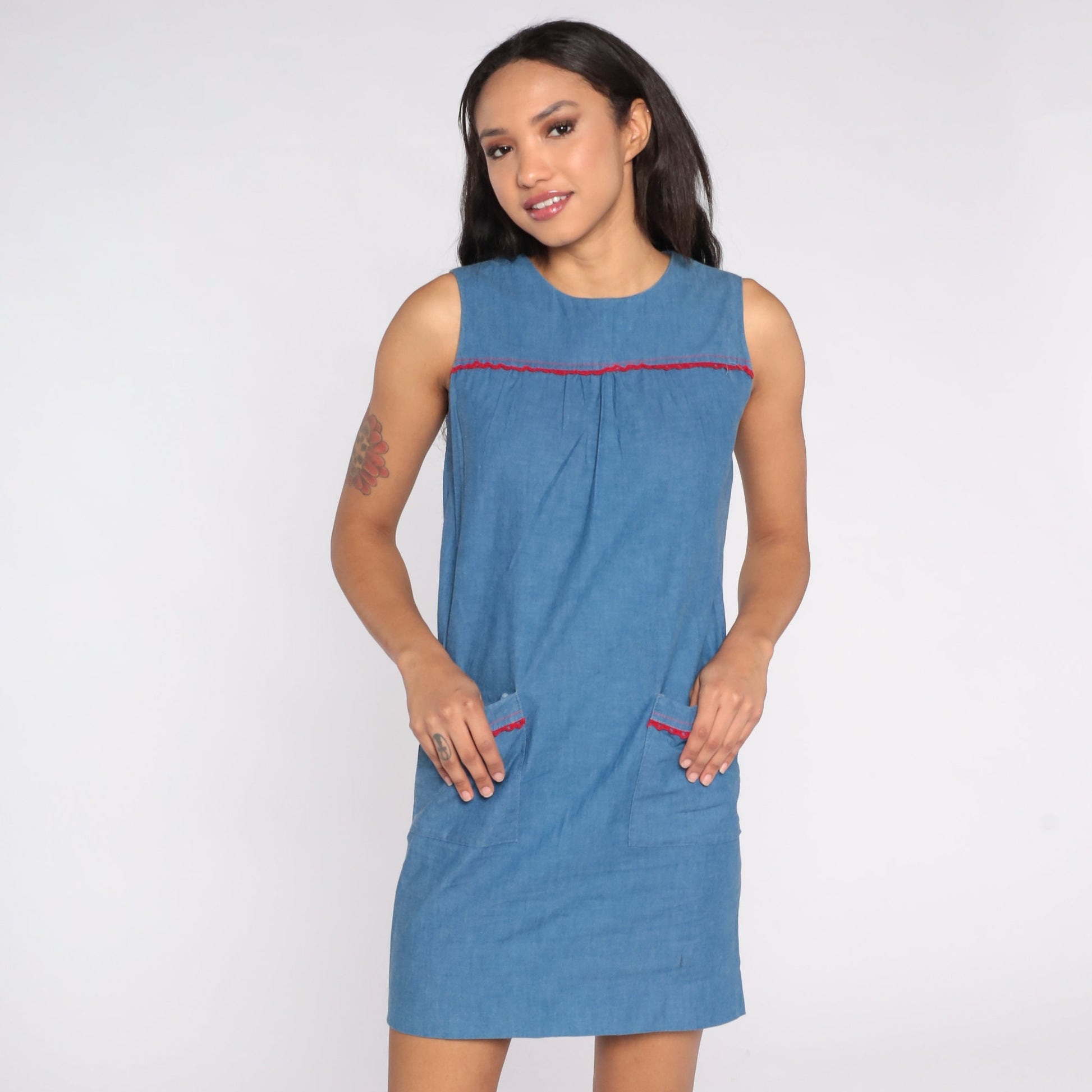 60s Blue Mod Shift Mini Dress Sleeveless Rear Zip Extra Small