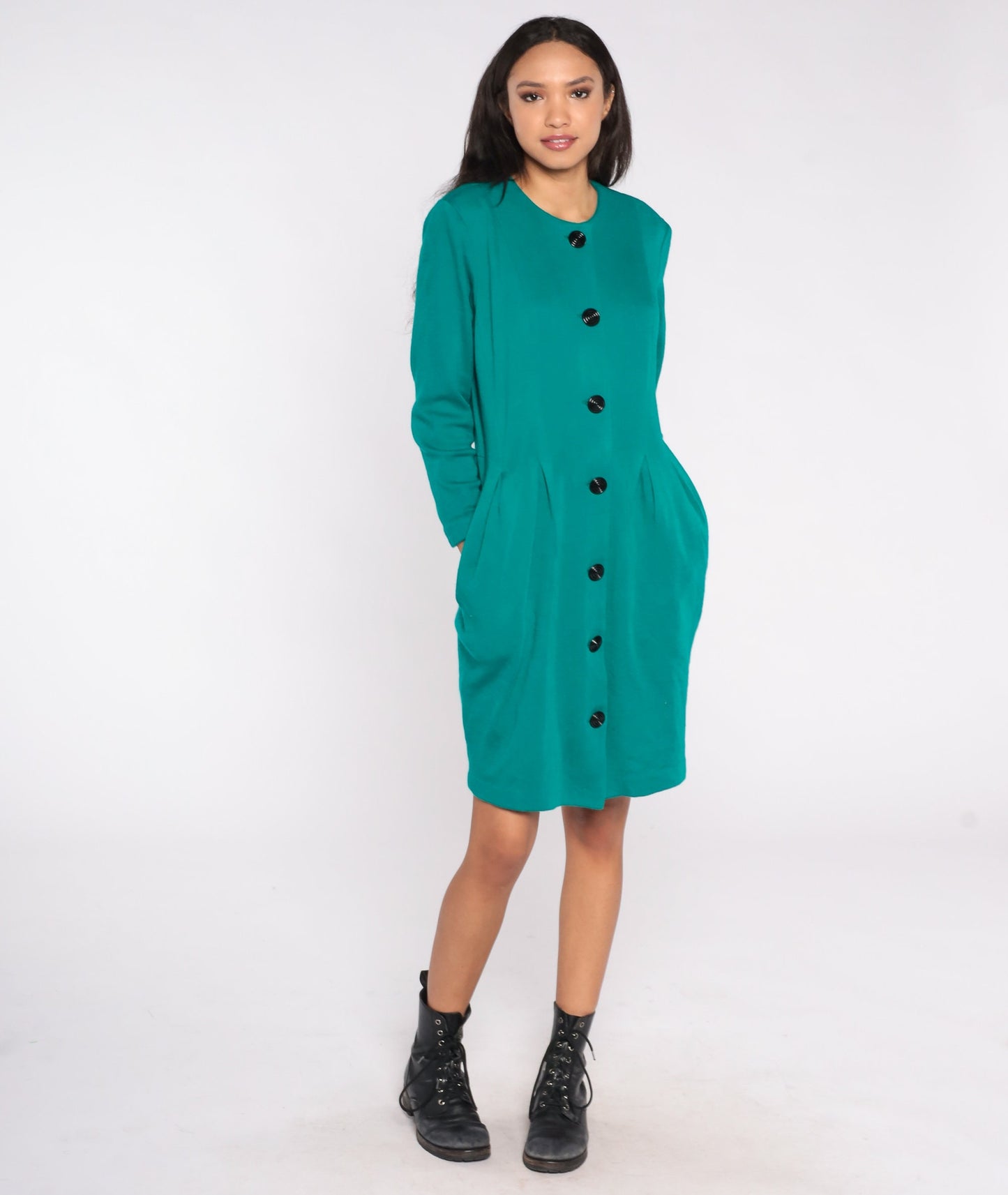 80s Teal Button-Up Mini Dress Sheath Cut Short Sleeve Large L