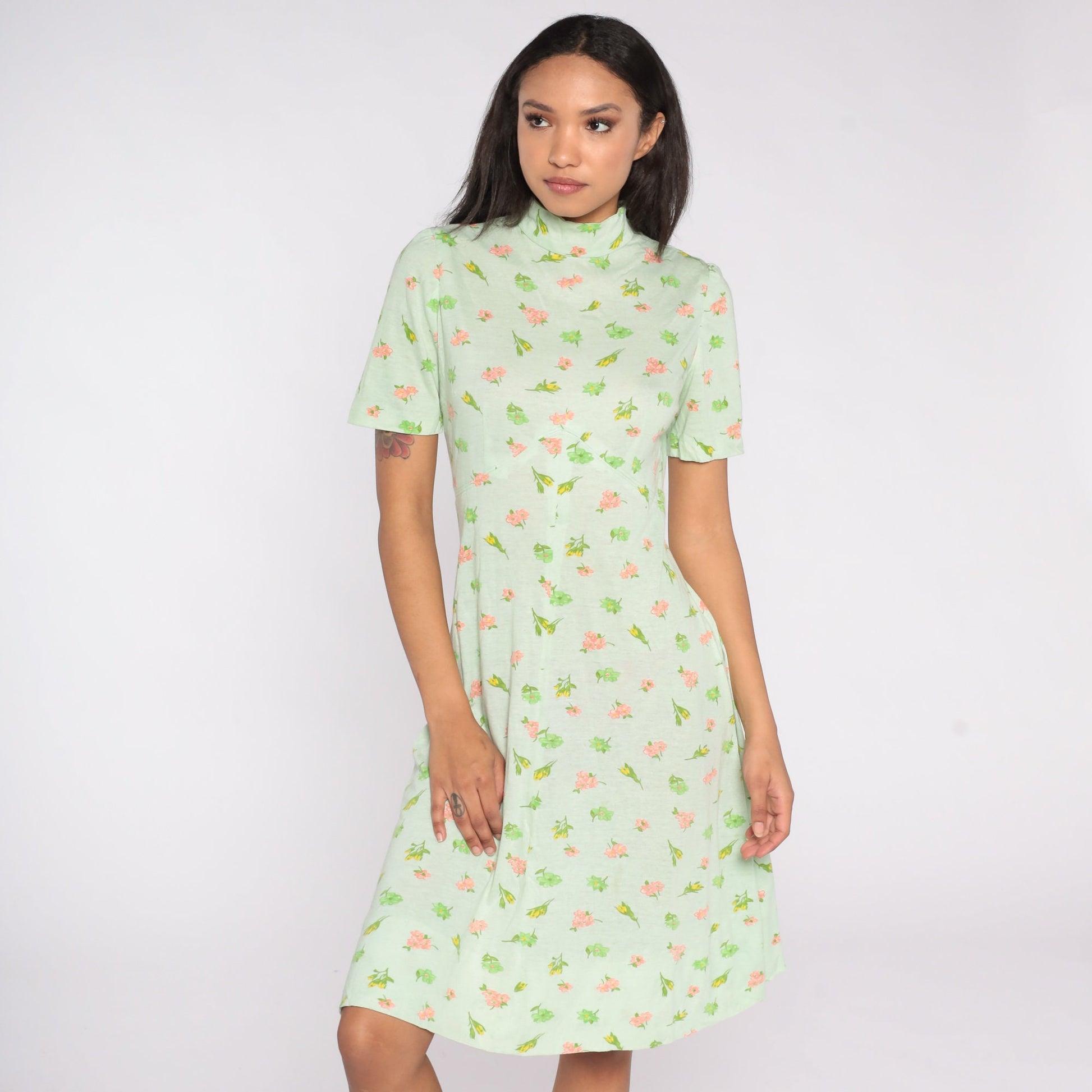 60s Green Floral Empire Waist Midi Dress Short Sleeve Small Medium