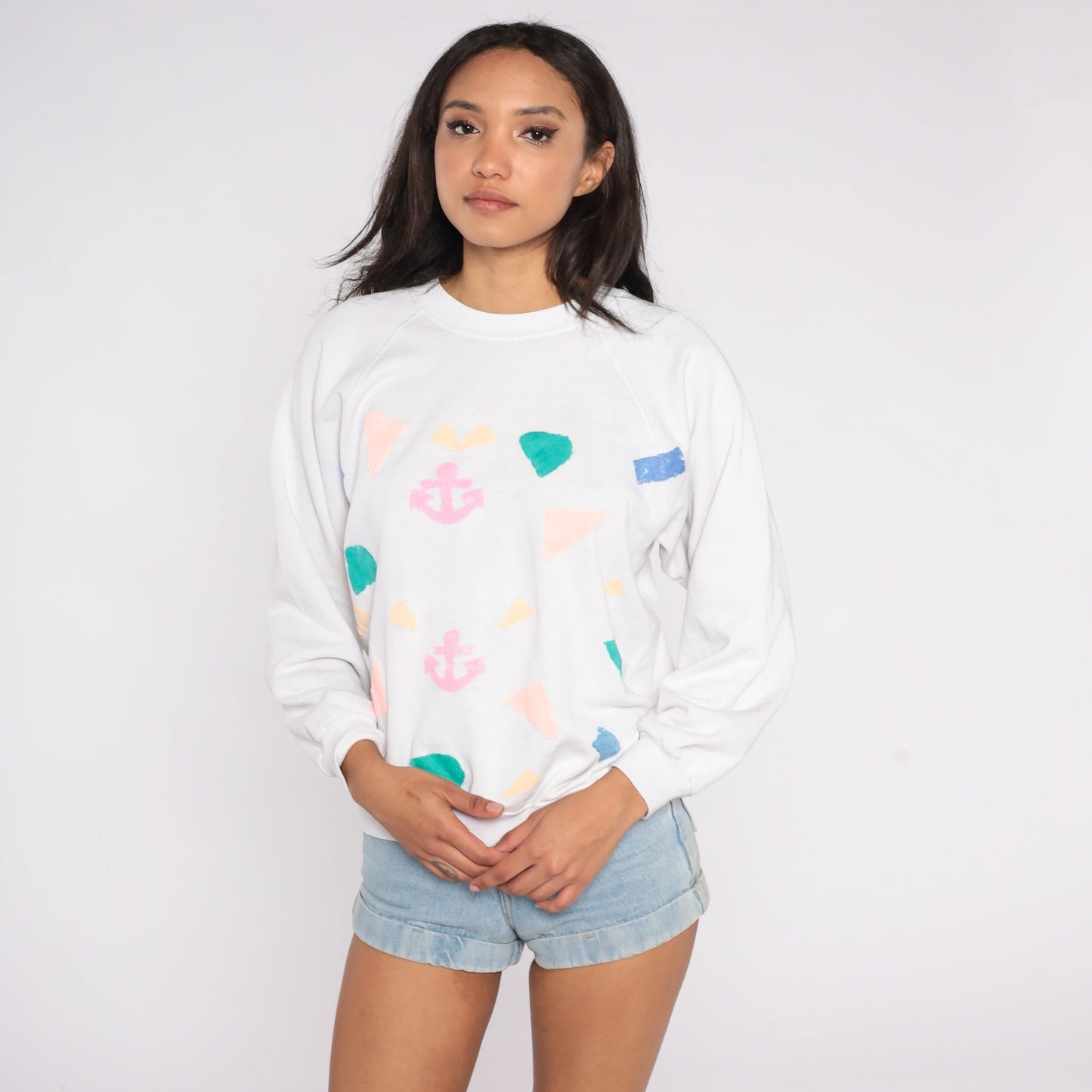 80s Hand Painted Anchor Raglan Sweatshirt White Nautical Graphic Large