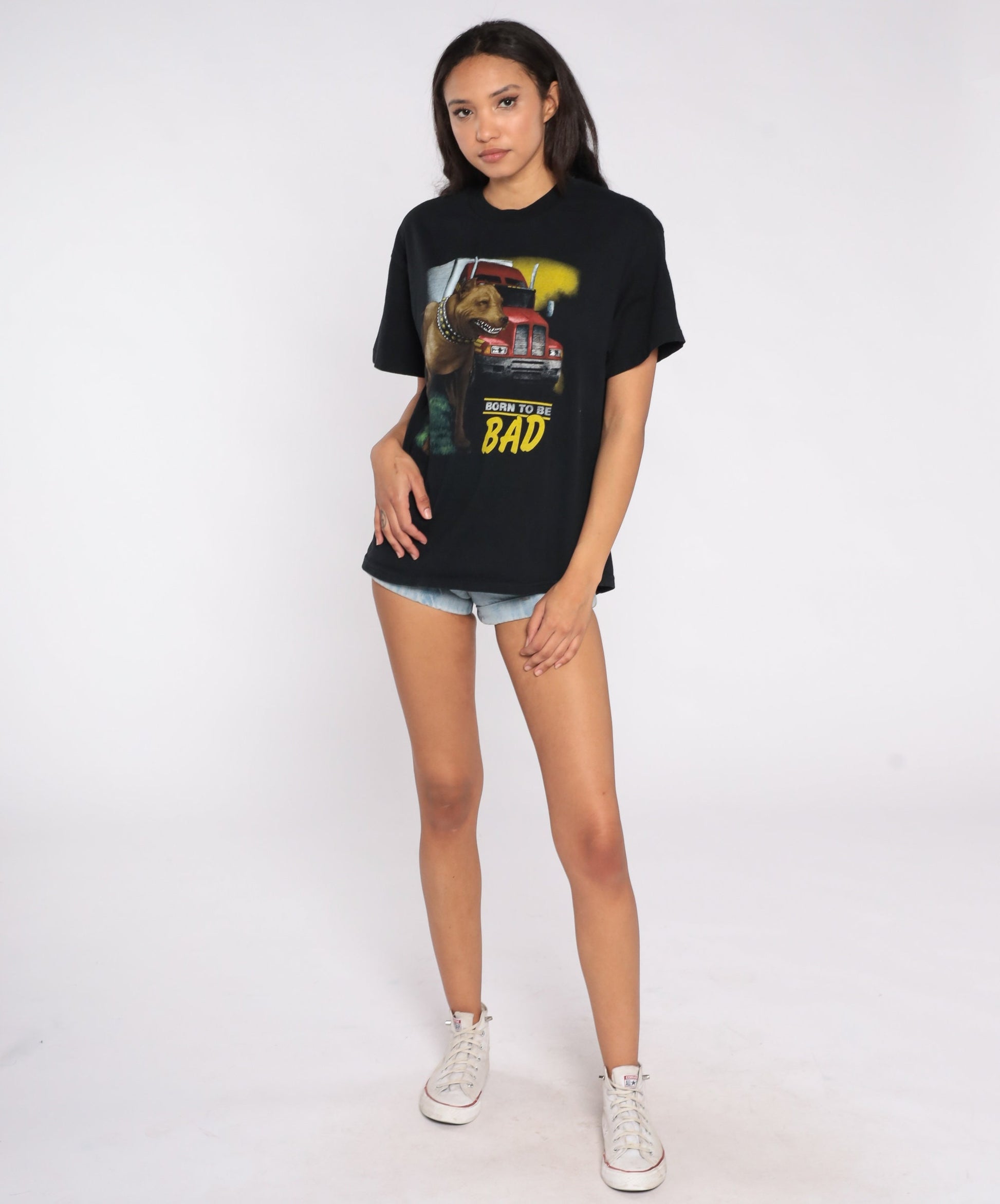 90s Guard Dog Born To Be Bad Graphic T-Shirt Black Trucker Medium