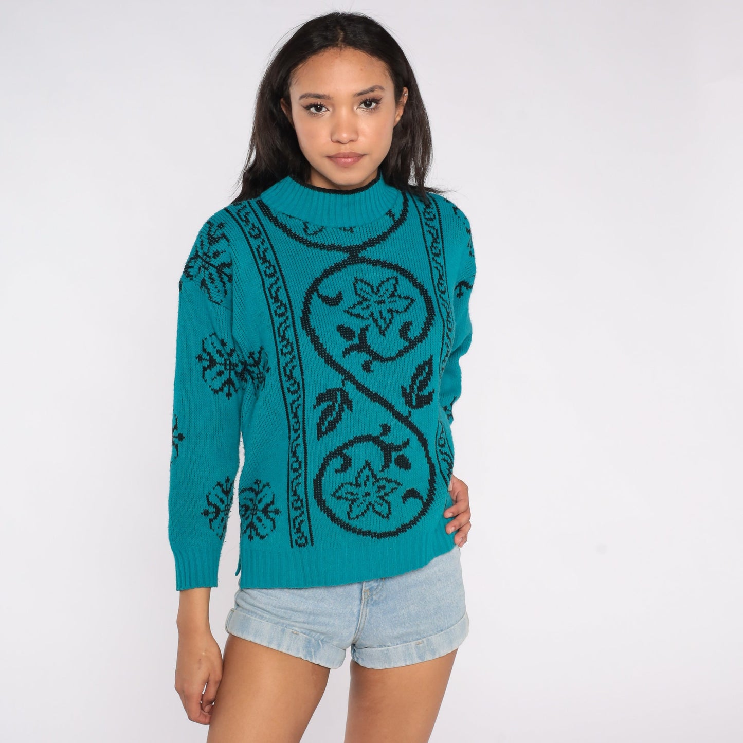 80s Teal Black Floral Knit Sweater Mock Neck Jacquard Pullover Large L