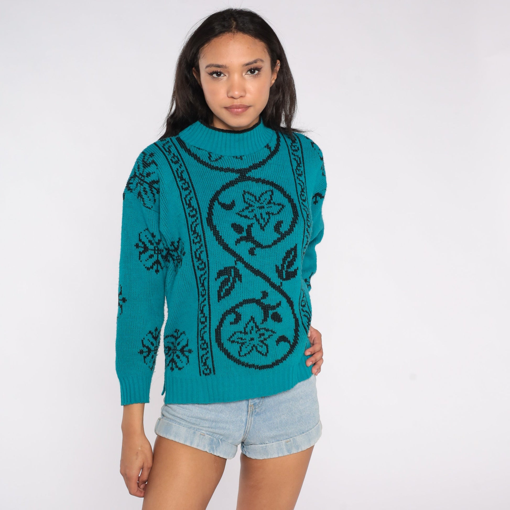 80s Teal Black Floral Knit Sweater Mock Neck Jacquard Pullover Large L