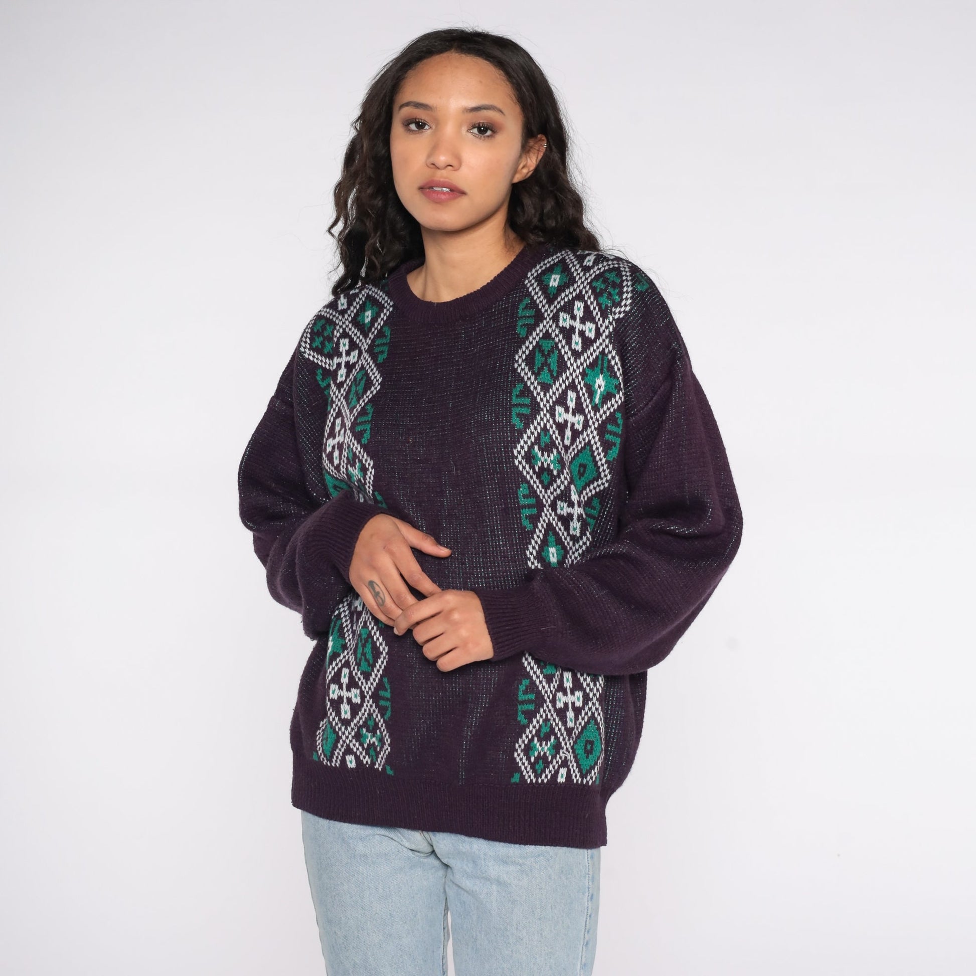 80s Fair Isle Sweater Eggplant Purple Geometric Knit Crewneck Extra Large