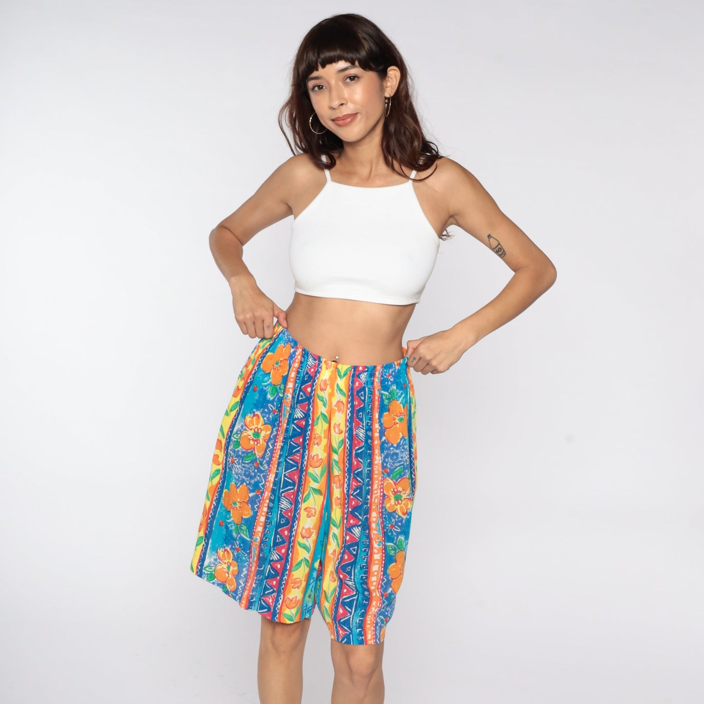 80s Floral High-Waist Shorts Tropical Print Elastic Waist Large L