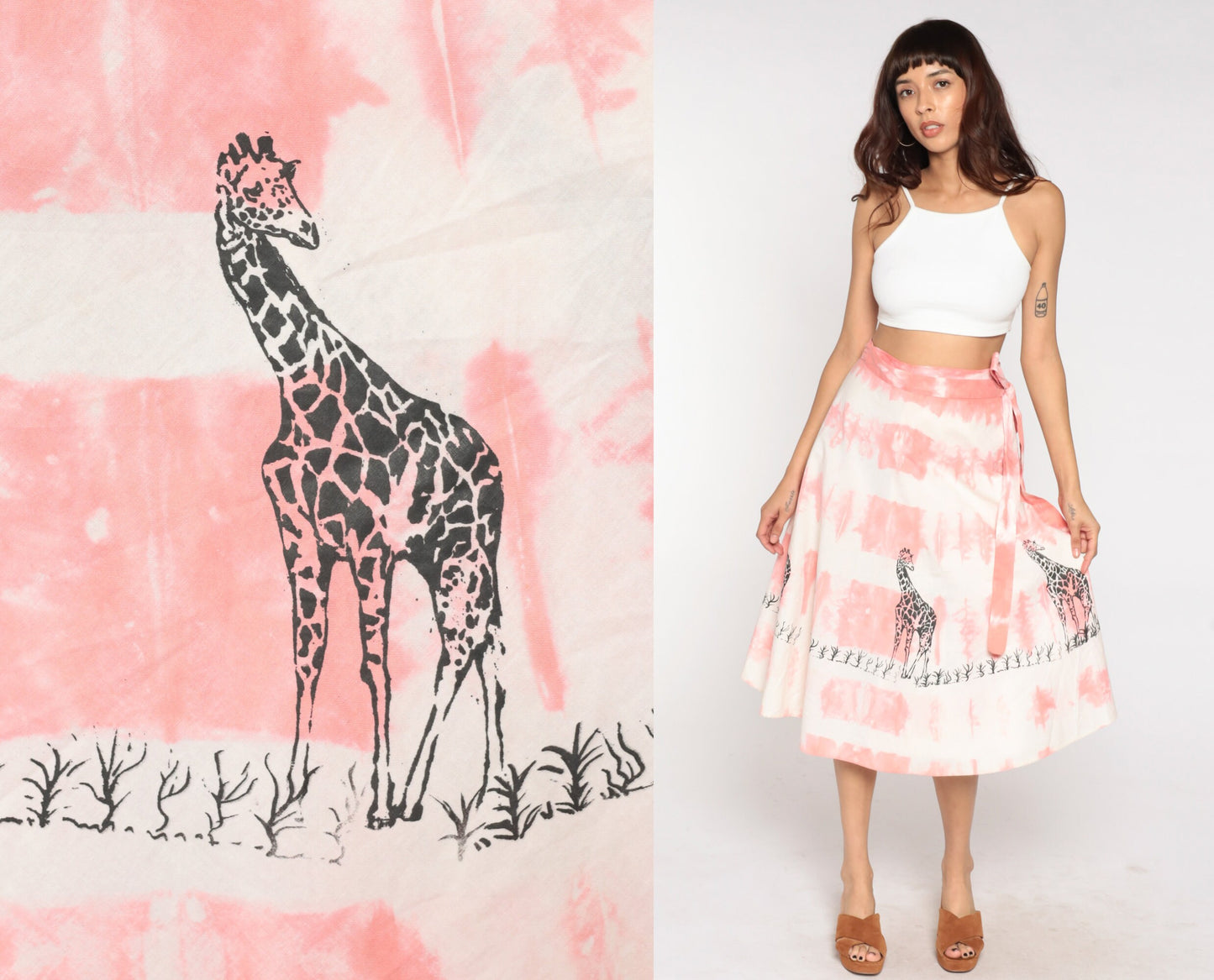 70s Tie Dye Giraffe Print Wrap Skirt Midi Pink High Waisted Small