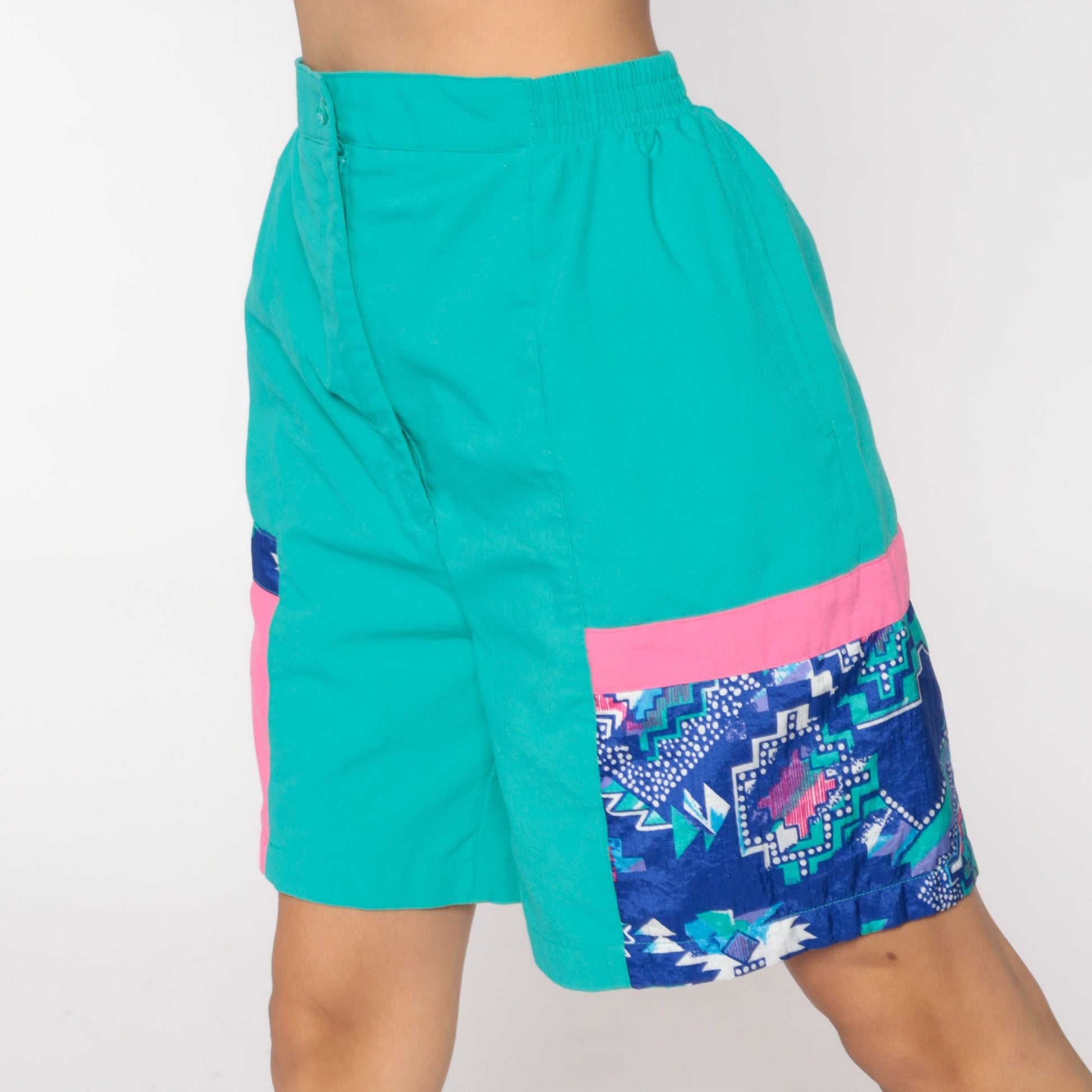 80s Colour Block Turquoise High-Waisted Shorts Pink Large L