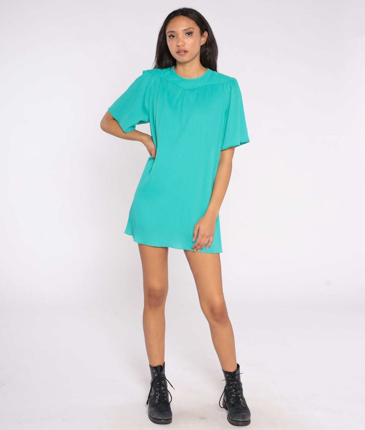 70s Teal Tent Mini Dress Pleated Flutter Sleeve Keyhole Back Large L