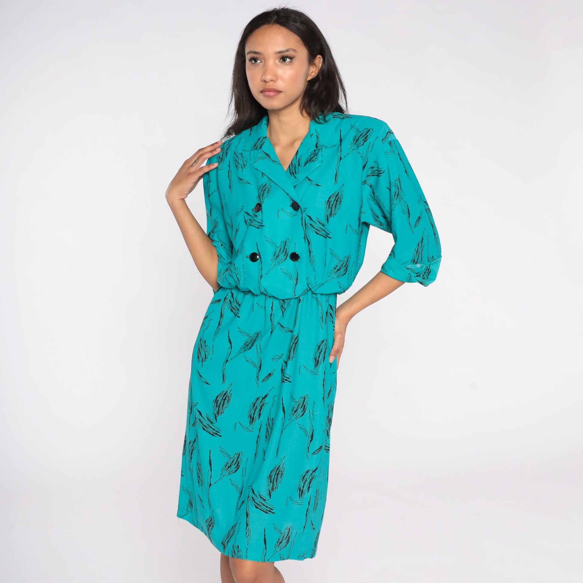 80s Abstract Print Shirt Dress Midi Double Breasted High Waist Teal Medium M