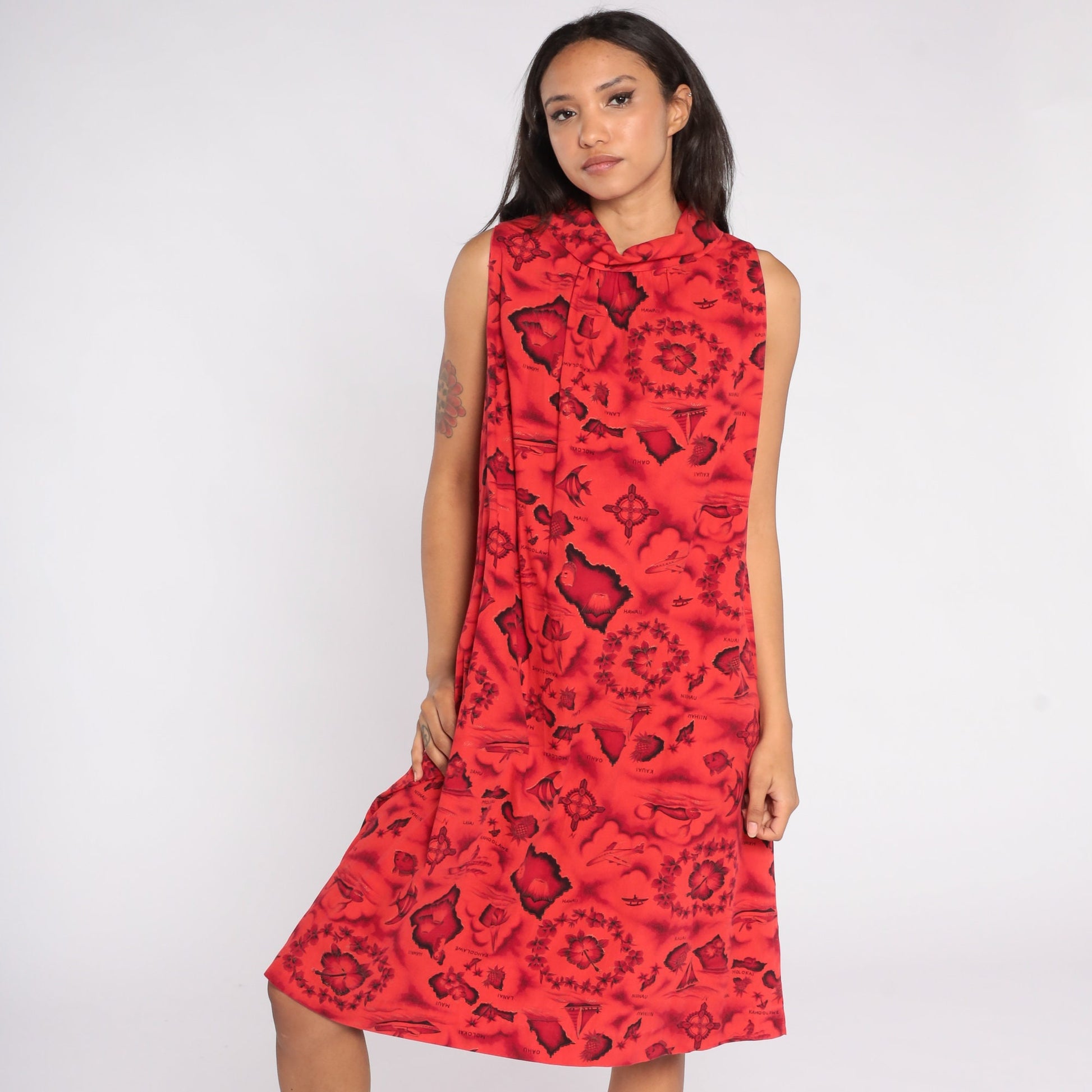 70s Hawaiian Tropical Print Shift Dress Red Floral Island Cotton Large L