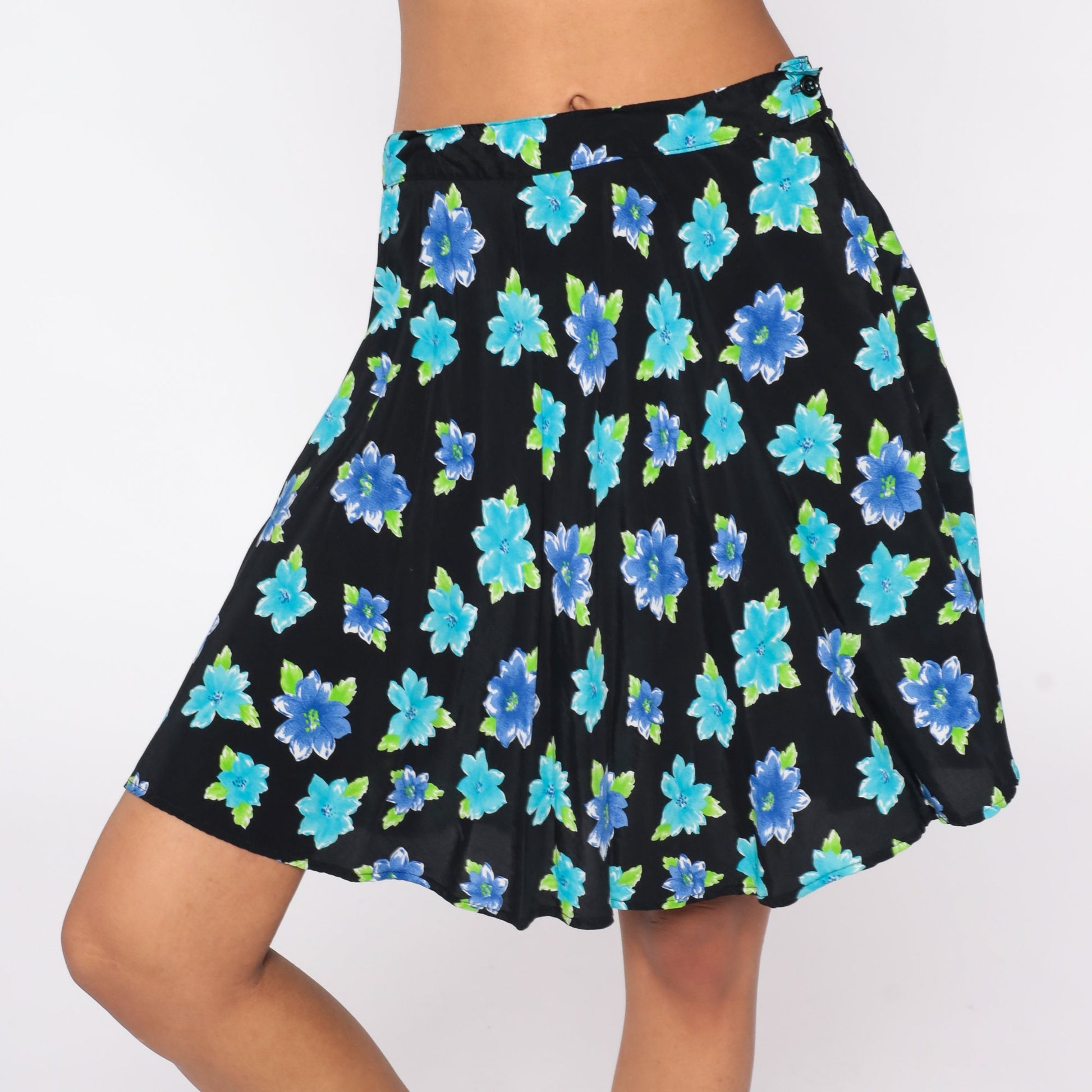 90s Floral Mini Skirt Black Blue Flower Print Rayon Medium