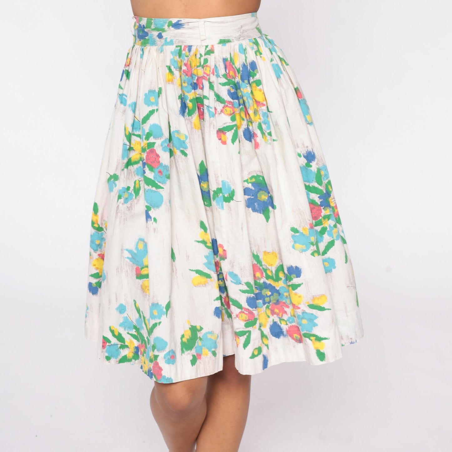 60s Floral Mini Skirt Pleated High Waist White Watercolor Cotton XS
