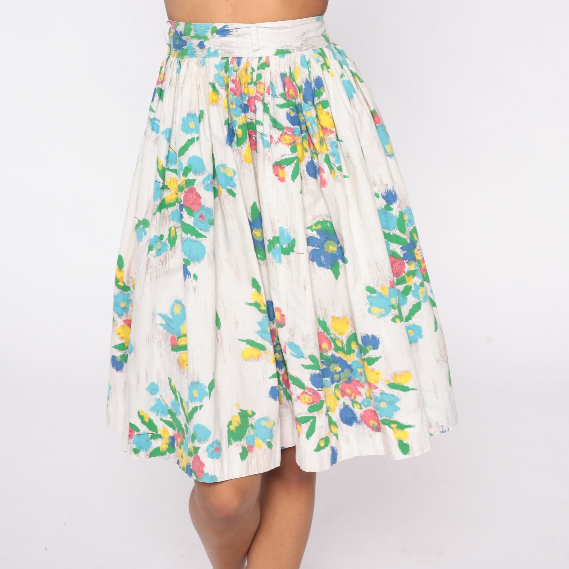 60s Floral Mini Skirt Pleated High Waist White Watercolor Cotton XS
