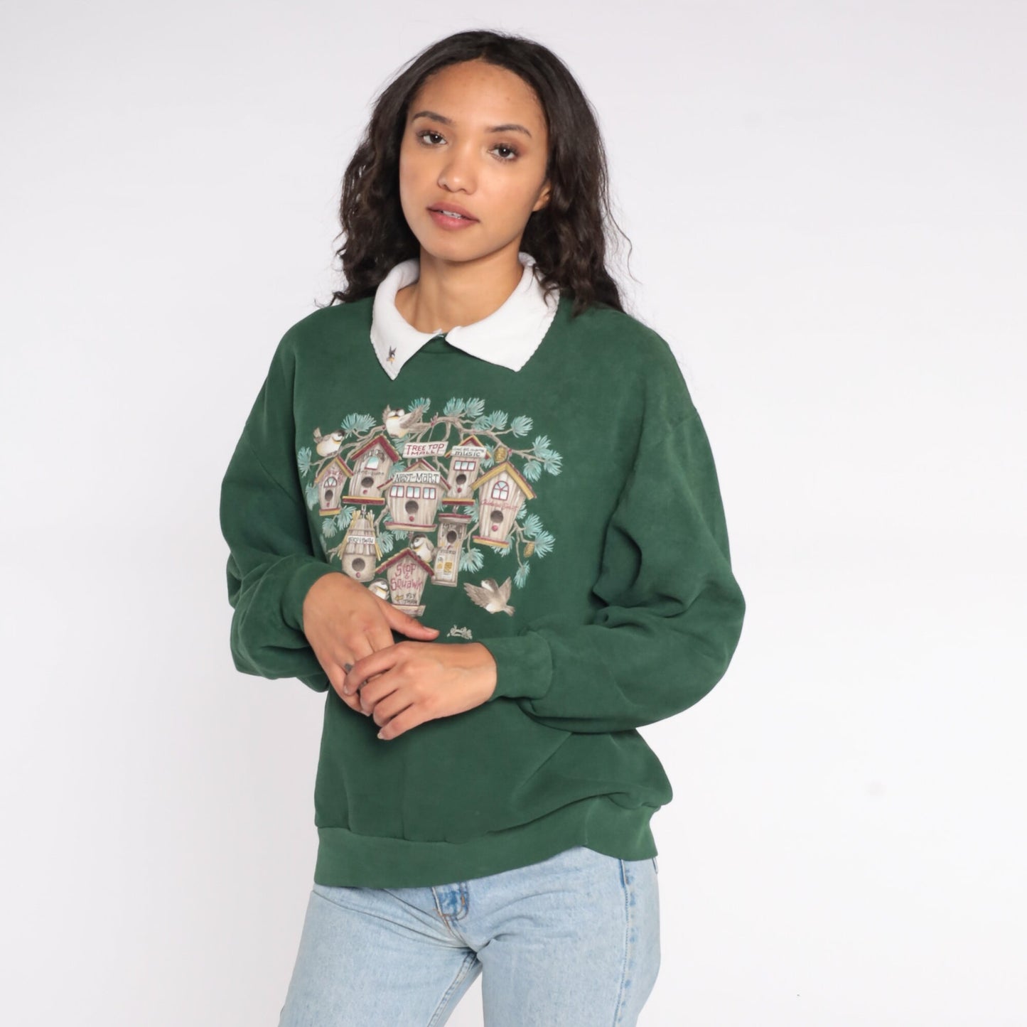90s Bird Graphic Sweatshirt Green Collared Crewneck Large