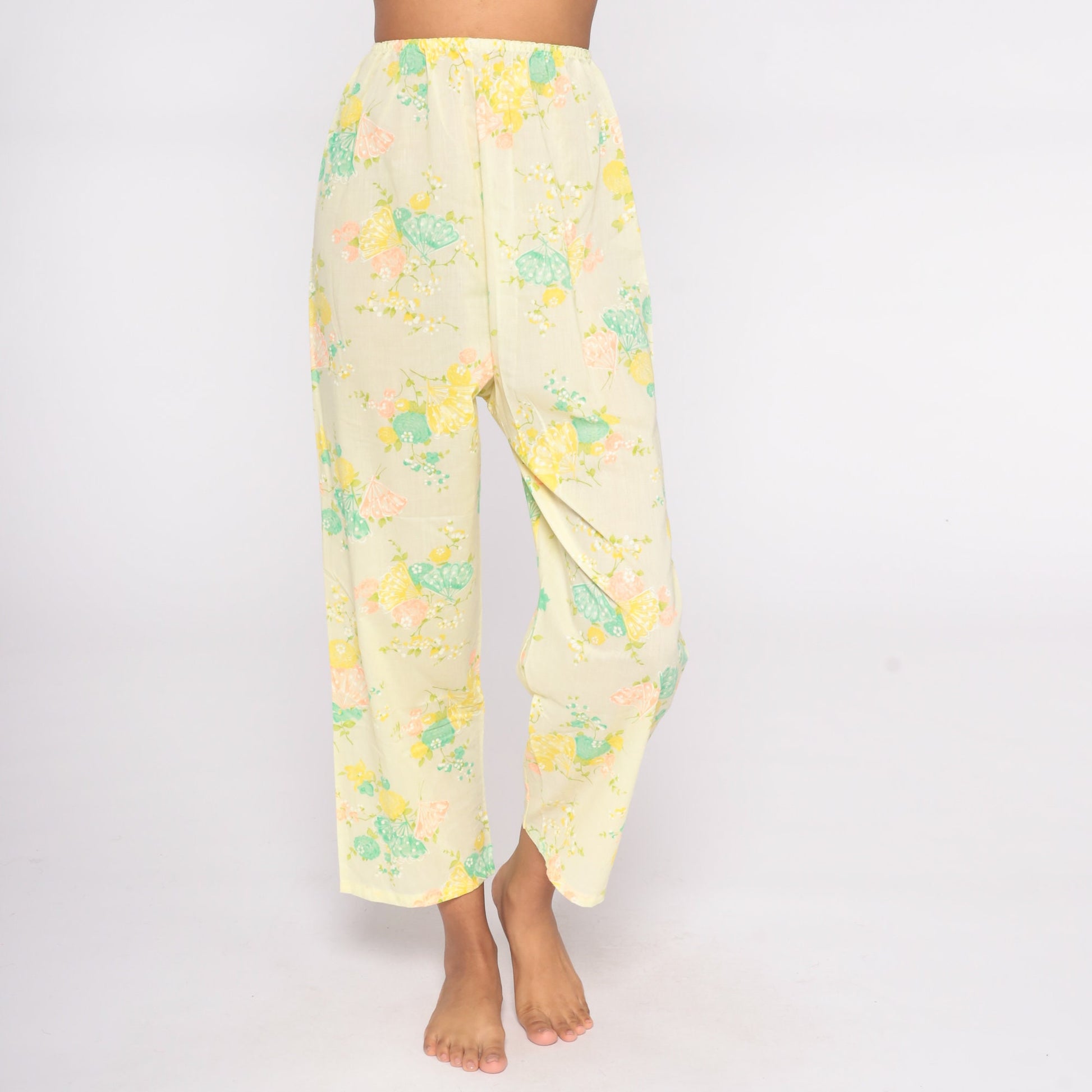 70s Yellow Floral Wide Leg Pants Butterfly Print High Waist Small Medium