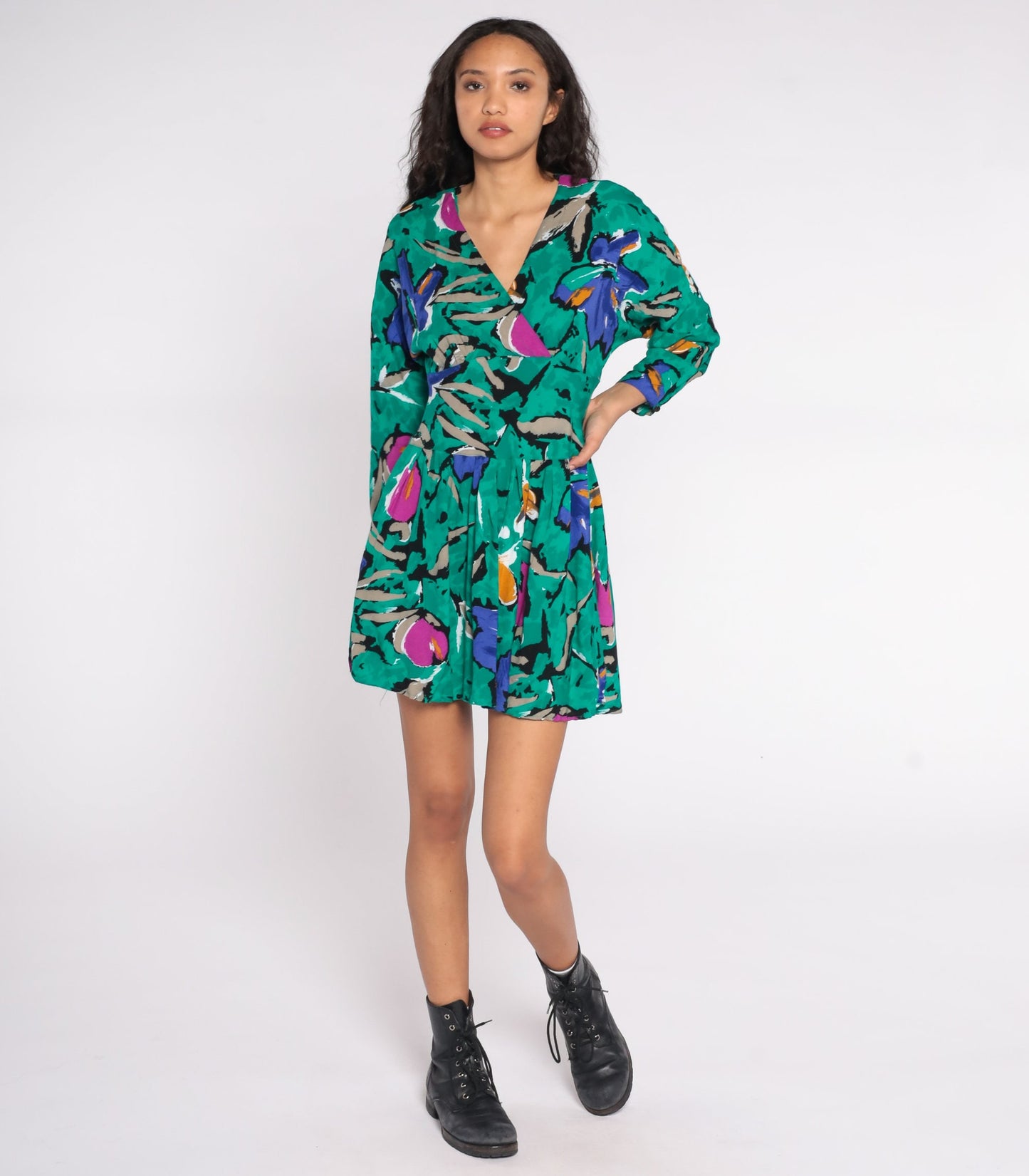 80s Floral Wrap Dress Mini V-Neck High Waisted Long Sleeve Green Pink Purple Medium