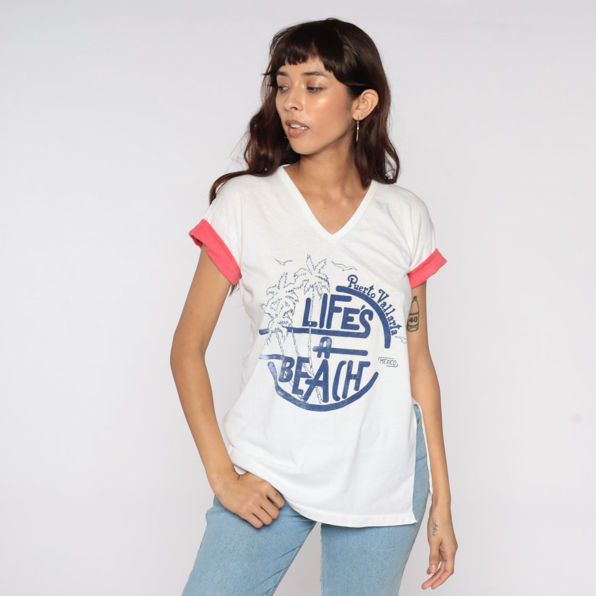 80s Puerto Vallarta Mexico Graphic T-Shirt Life's A Beach Palm Tree Medium