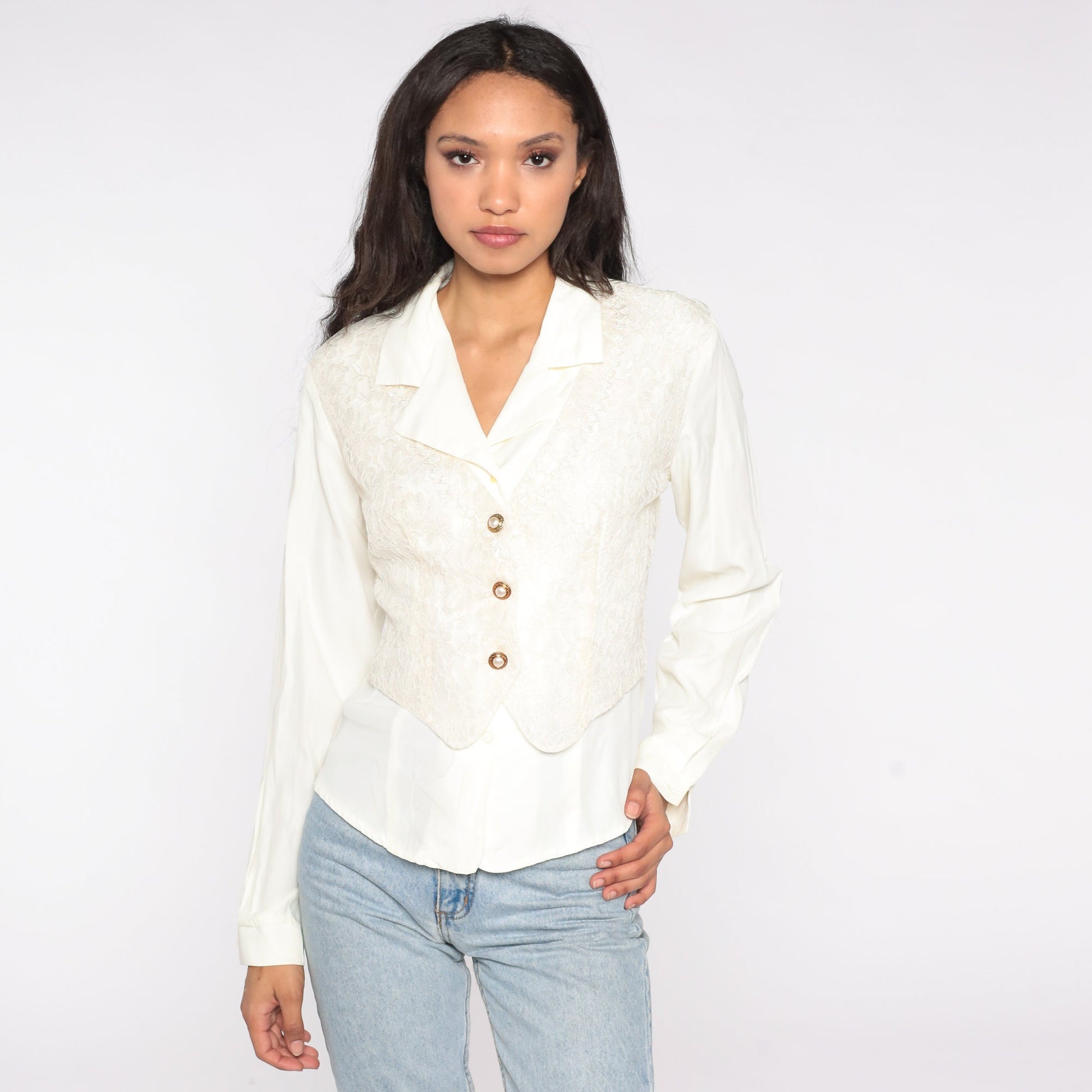 90s Off-White Blouse with Attached Floral Lace Vest Long Sleeve Medium M