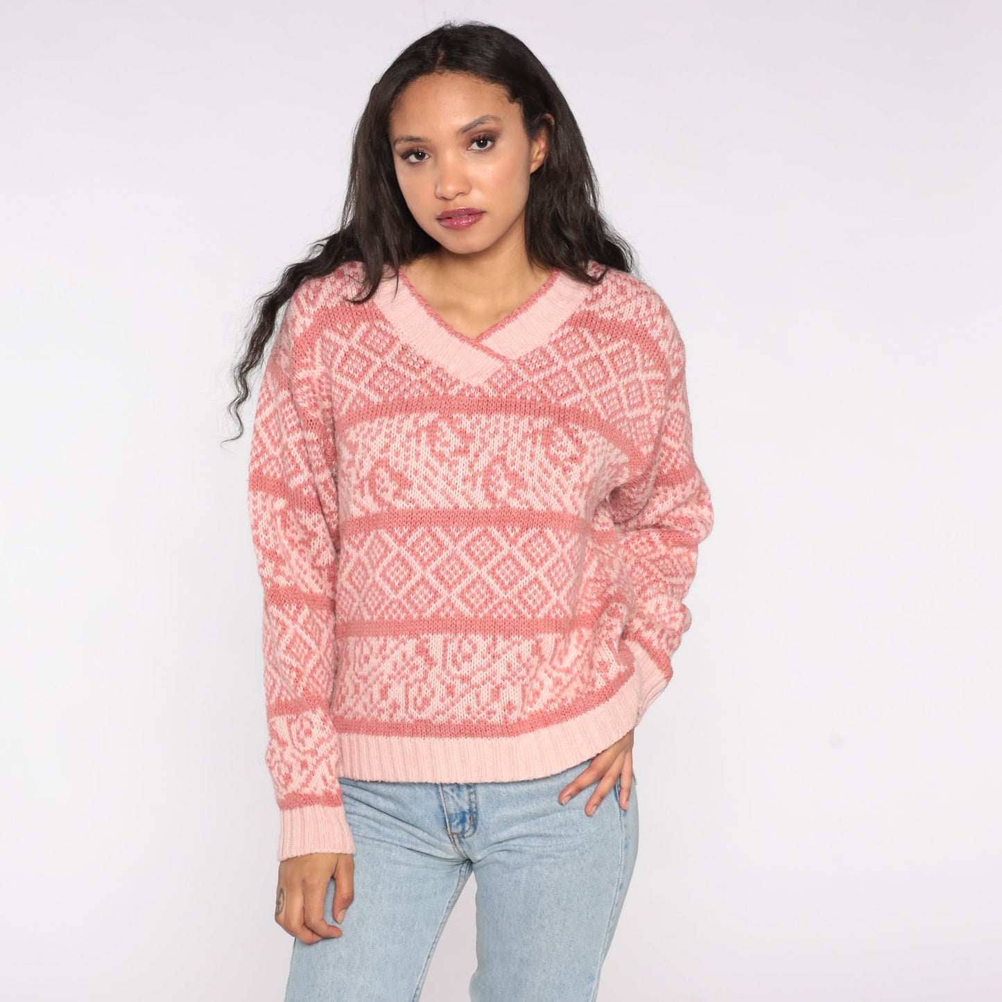 80s Pink Geometric Striped V-Neck Pullover Sweater Large