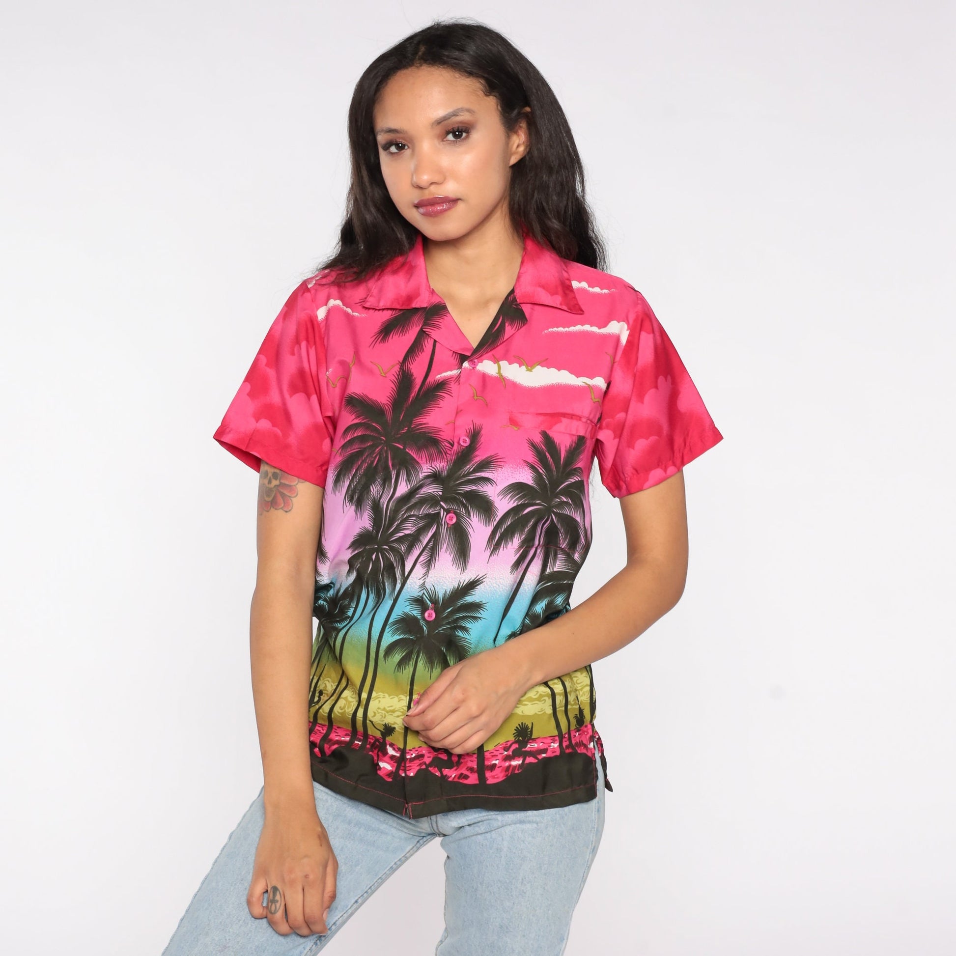 80s Hawaiian Tropical Button Up Shirt Palm Tree Sunset Print Pink Blue Small