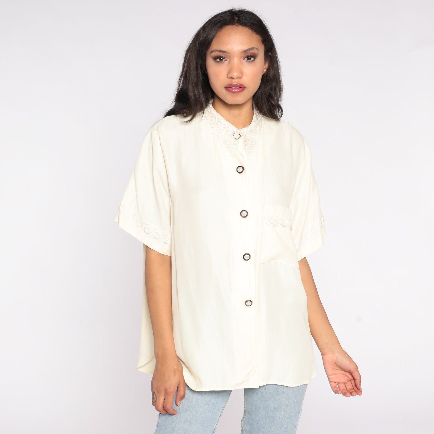 80s Cream Lace Collar Button-Up Blouse Short Sleeve Vintage Shirt XXL