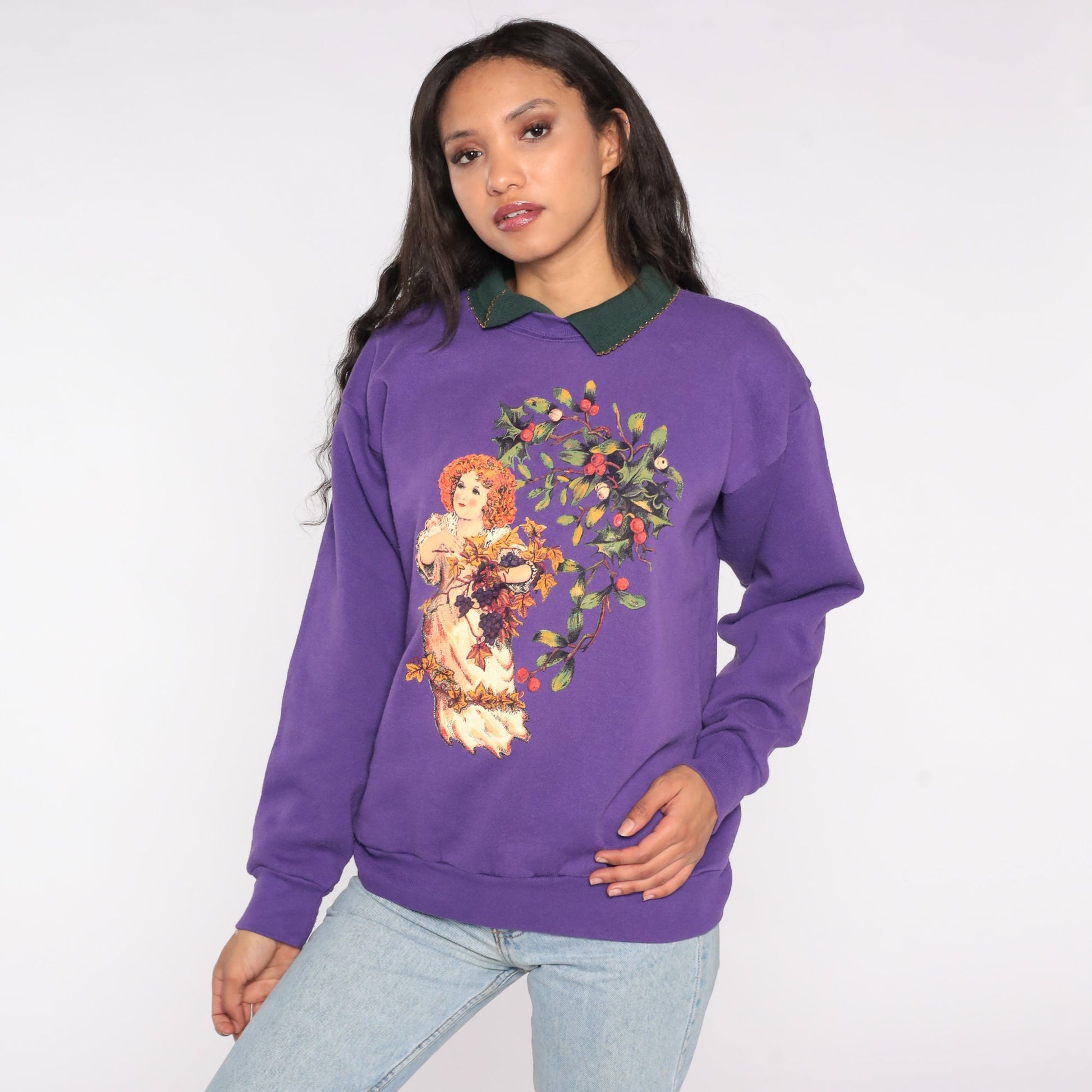 80s Cherub Fruit Oil Painting Collared Sweatshirt Purple Graphic Large L