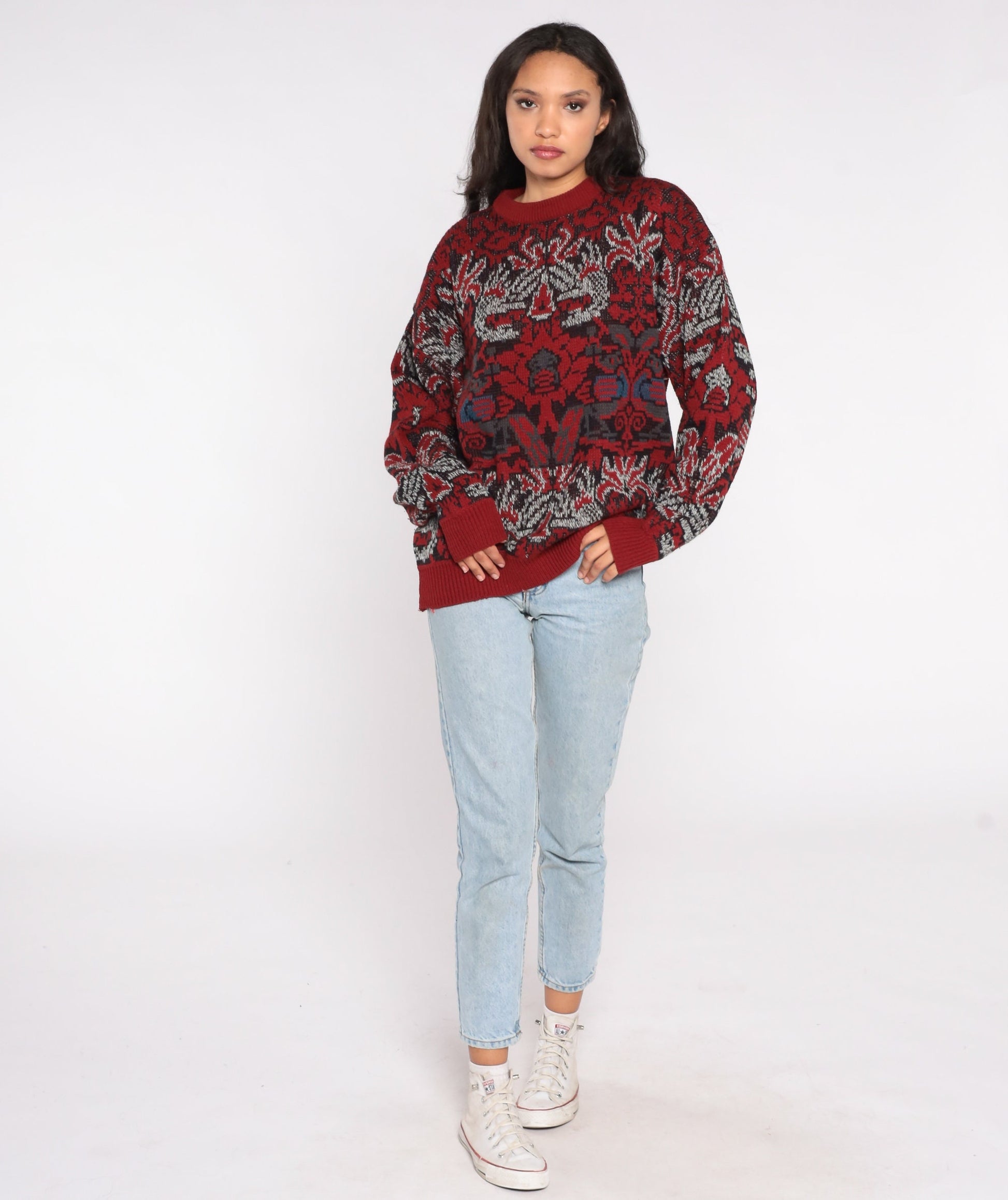 90s Geometric Jacquard Sweater Red Blue Abstract Knit Crewneck Extra Large