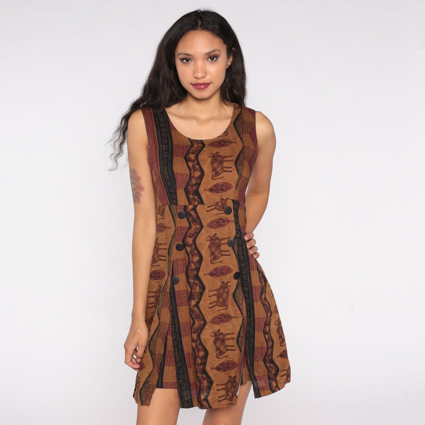 90s Brown Cow Petroglyph Print Mini Dress Tank Straps Zipper Medium