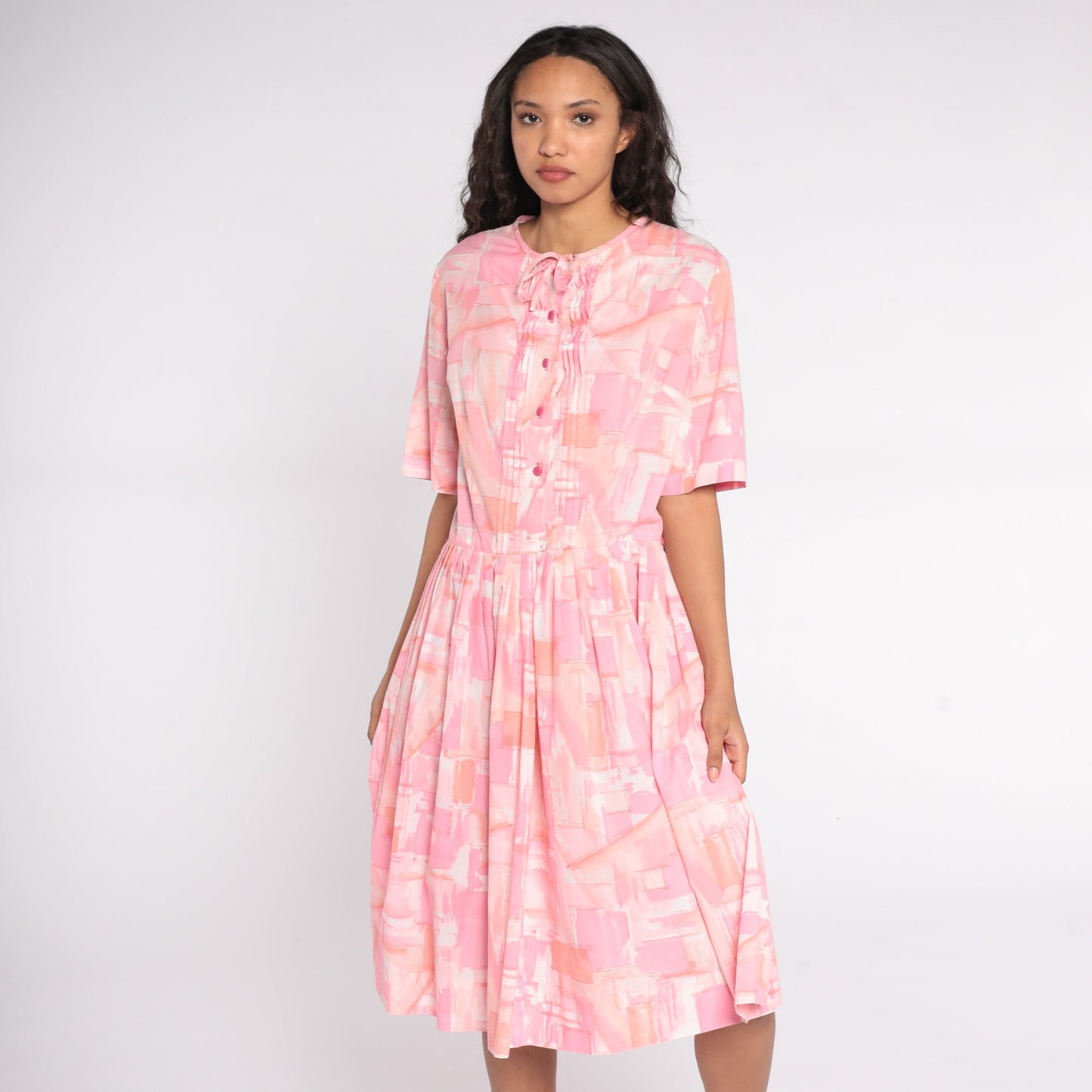 60s Pink Watercolor Geometric Midi Shirtdress Button-Up Pleated Large L