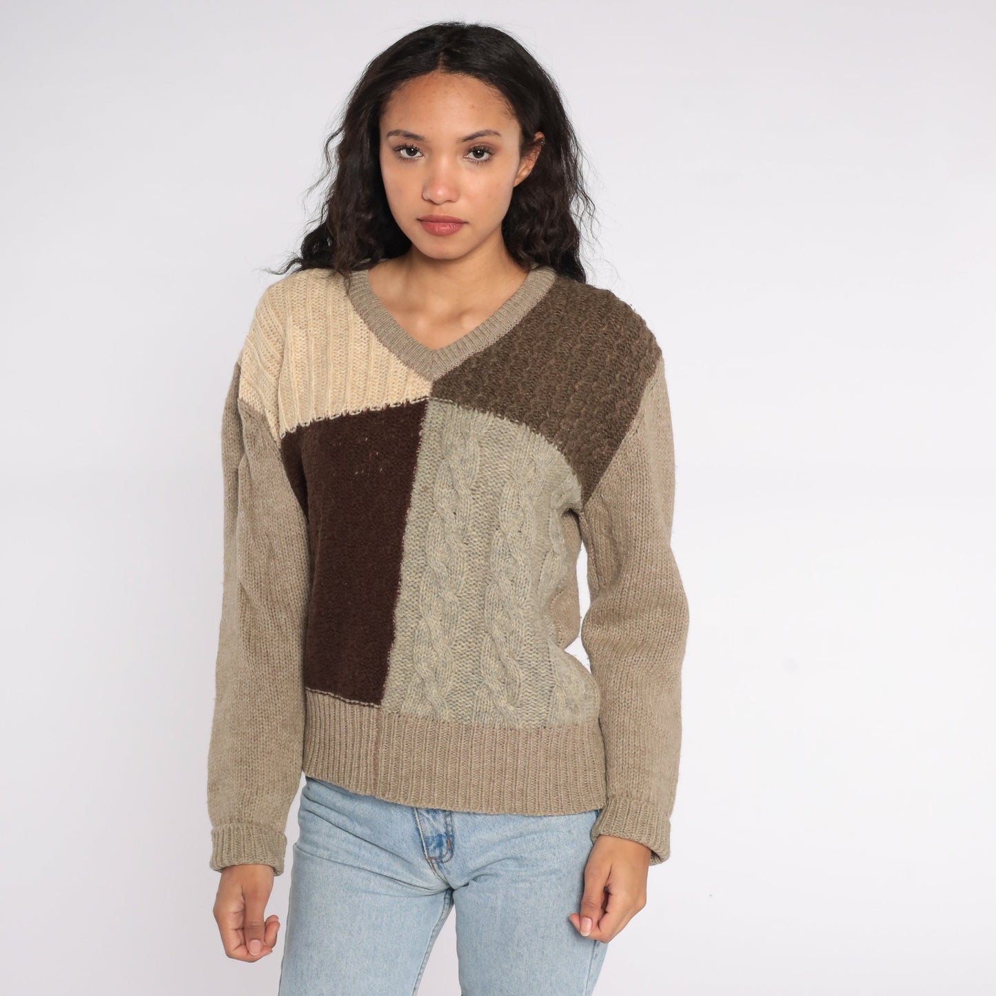 1970s Wool Cable Knit Sweater V-Neck Colour Block Taupe Brown Large