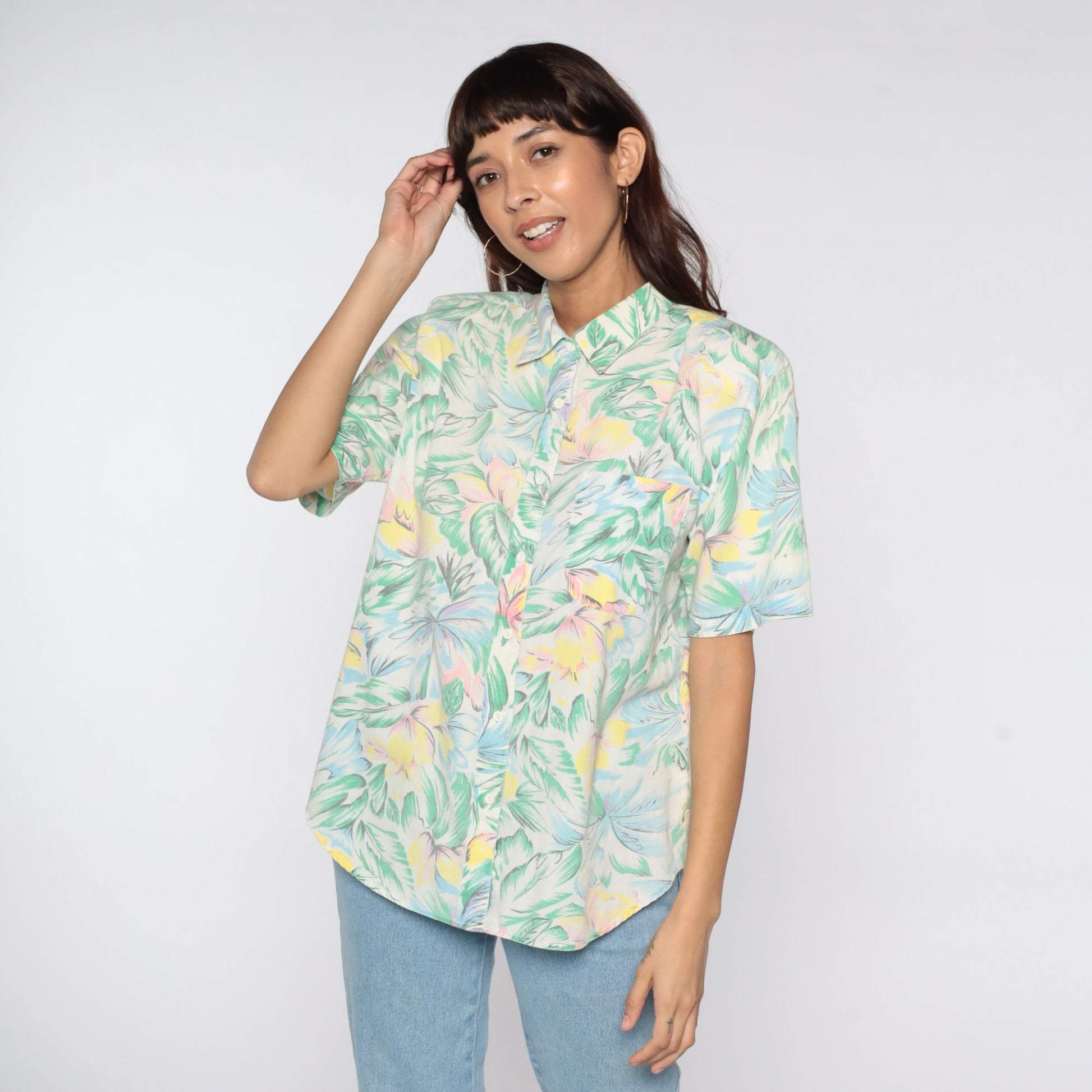 80s Tropical Floral Button-Up Shirt Green Pink Short Sleeve Medium