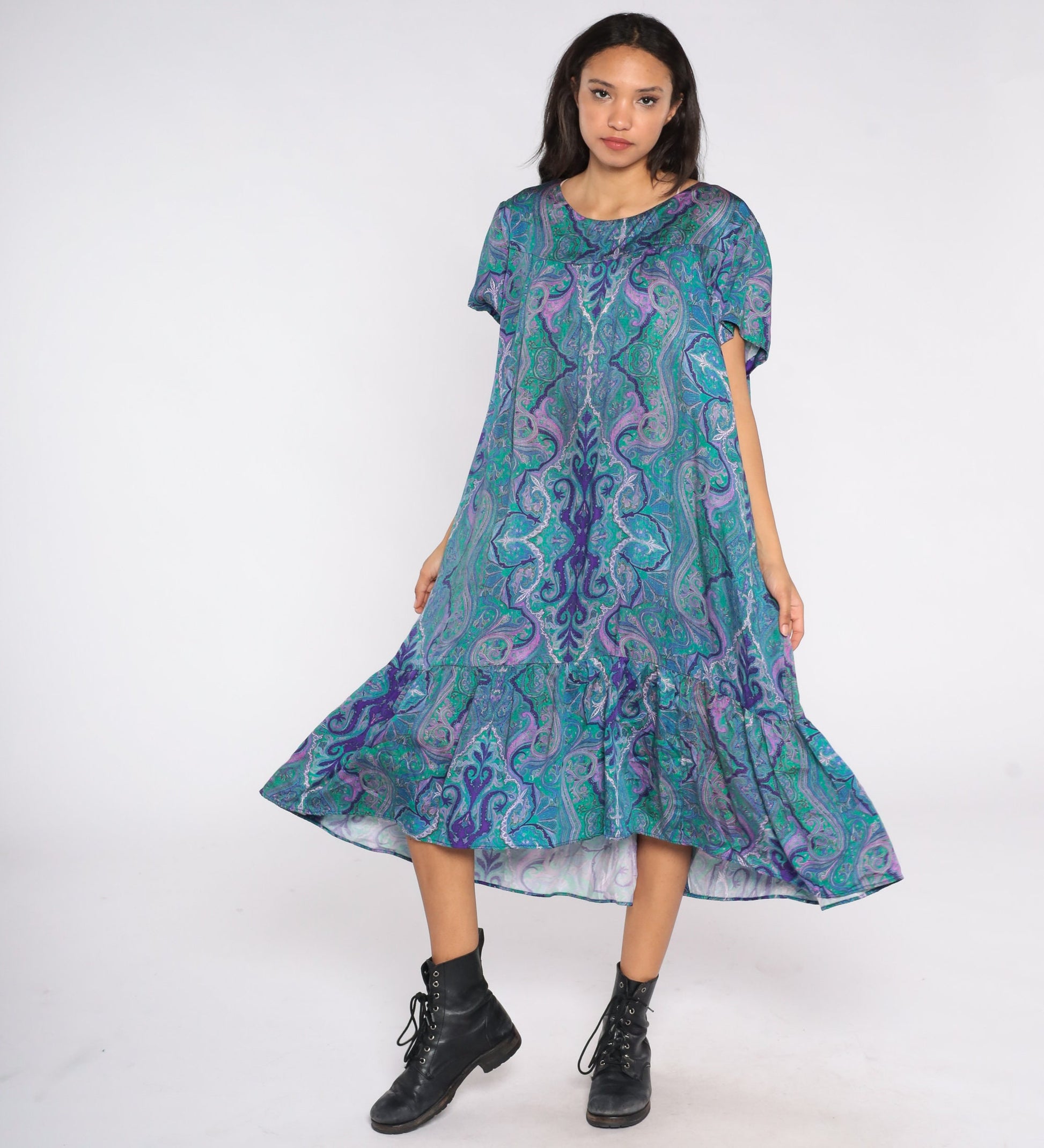 80s Psychedelic Tent Dress Midi Blue Print Short Sleeve Plus Size XXL