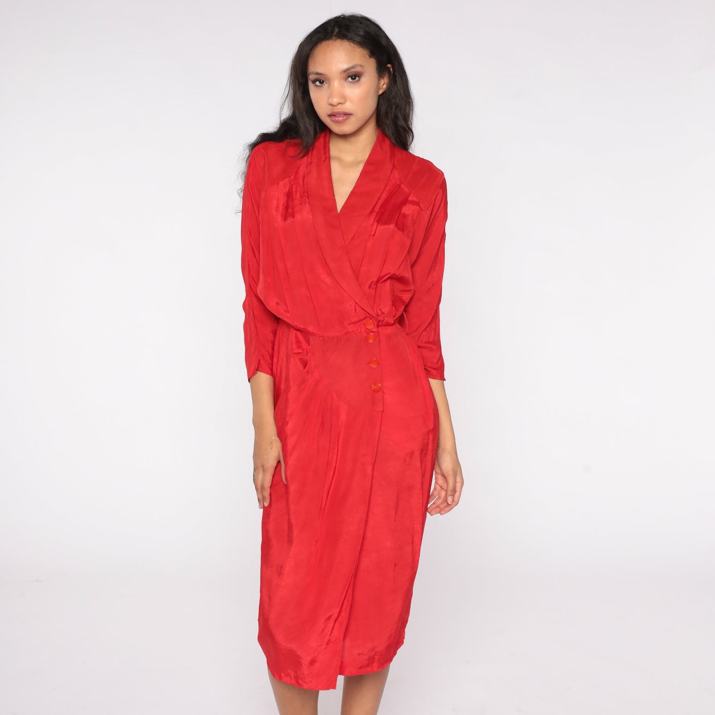 80s All That Jazz Red Wrap Midi Dress High Waist V Neck 3/4 Sleeve Medium