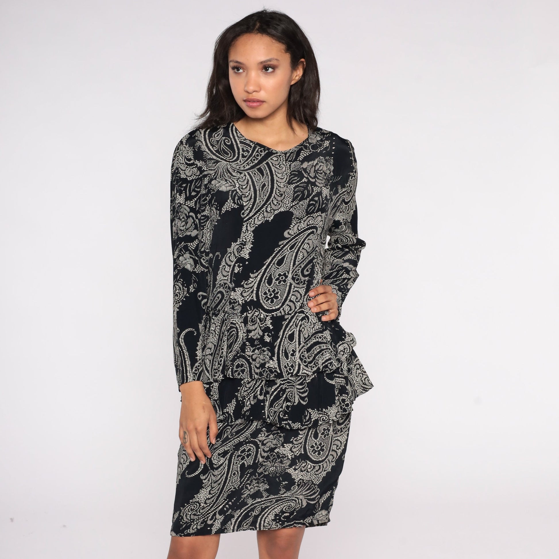 80s Black White Floral Paisley Peplum Dress Long Sleeve Knee Length Medium M