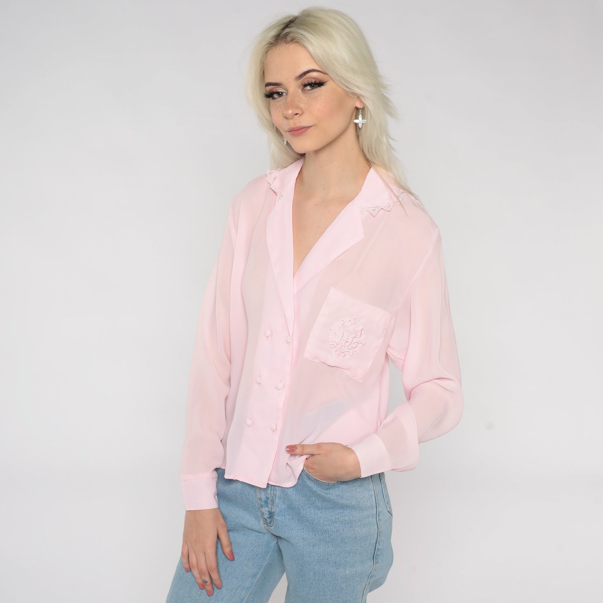 80s Baby Pink Semi-Sheer Button-Up Blouse Double Breasted Lace Trim Medium M