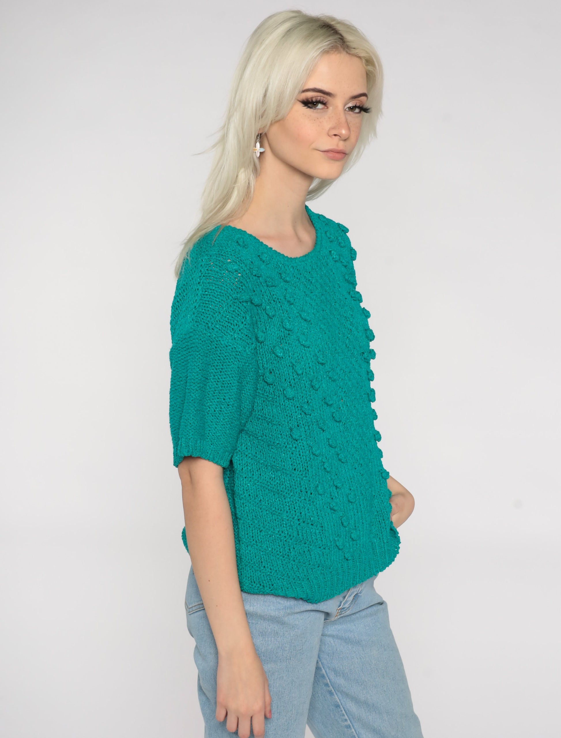 80s Green Nubby Knit Short Sleeve Pullover Silk Rayon Top Medium M