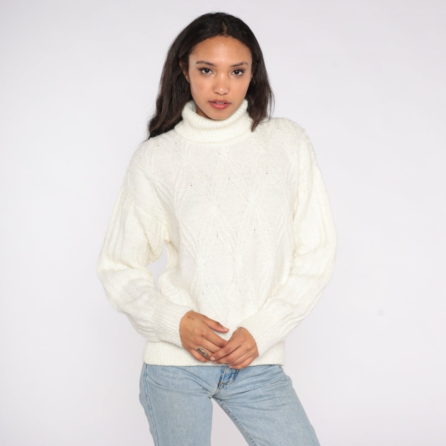 90s White Turtleneck Sweater Angora Blend Textured Pullover Medium