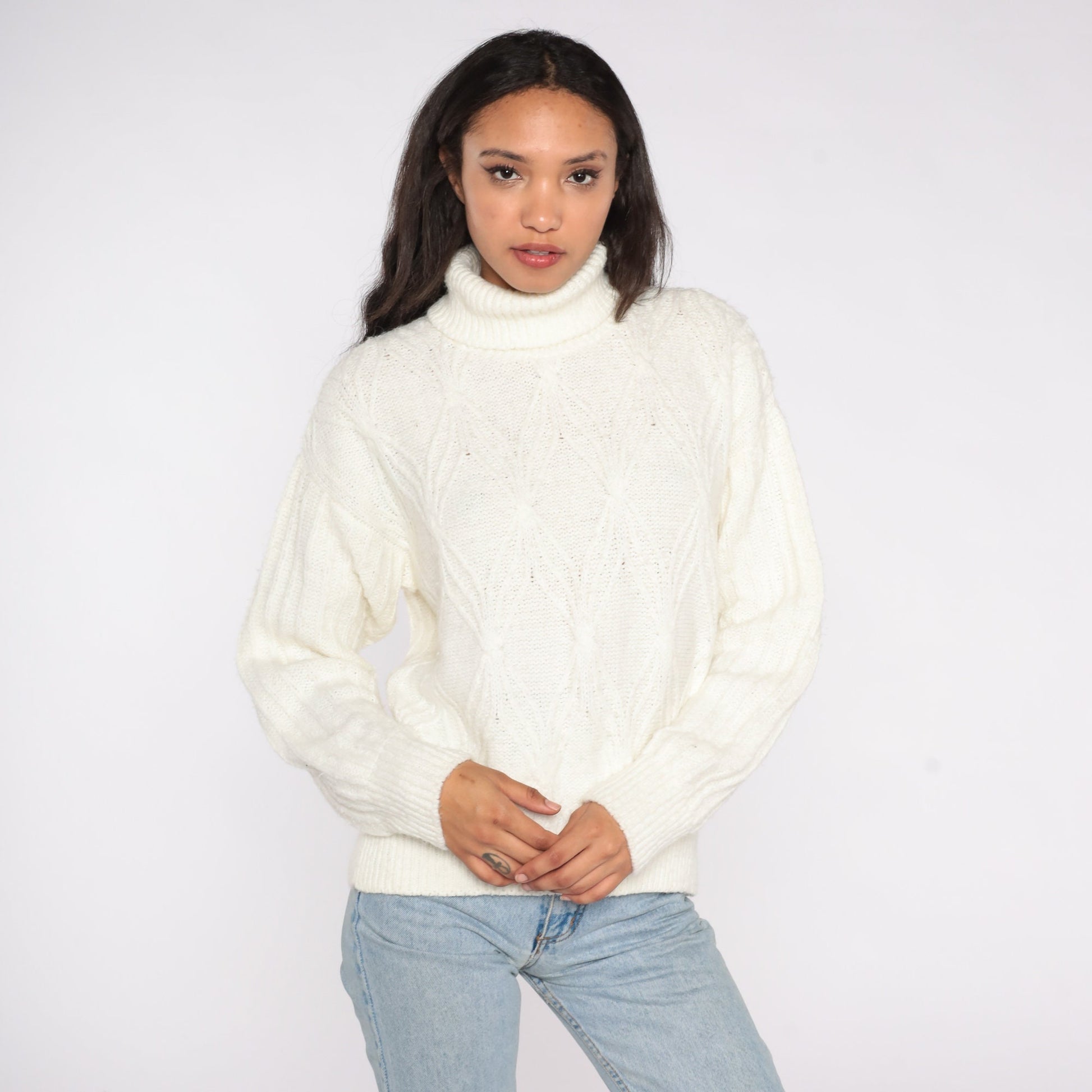 90s White Turtleneck Sweater Angora Blend Textured Pullover Medium