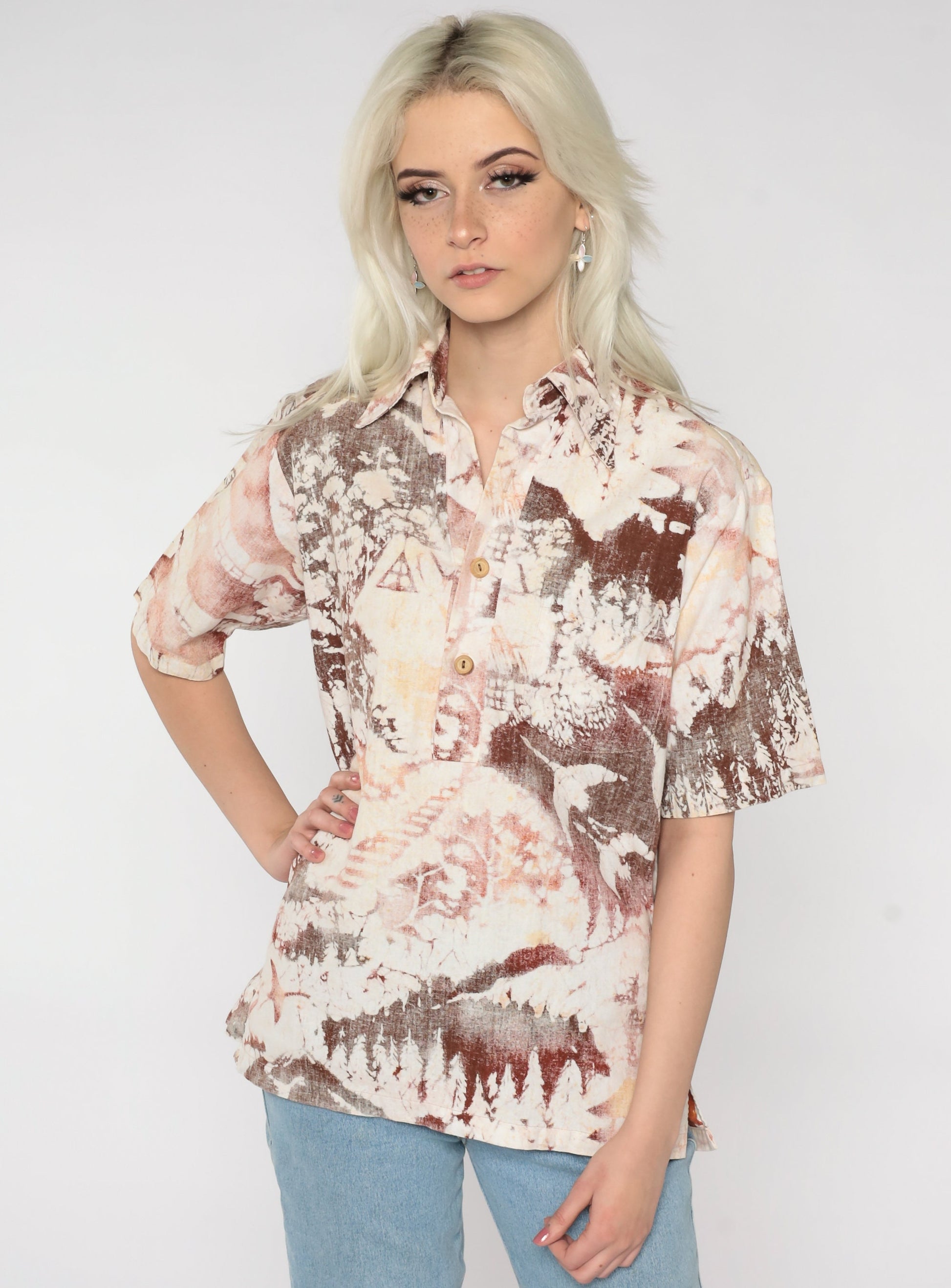 70s Pagoda Forest Bird Button Up Shirt Cream Red Brown Graphic Medium