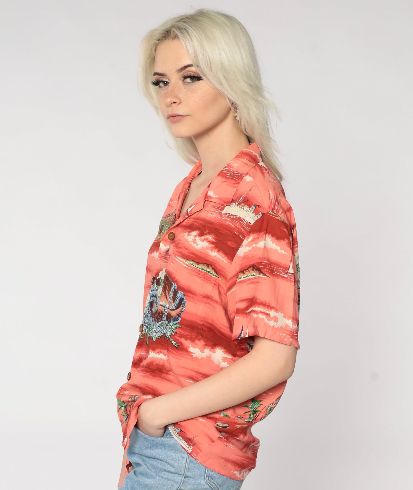 90s Ocean Pacific Hawaiian Shirt Red Tropical Print Button Up Medium