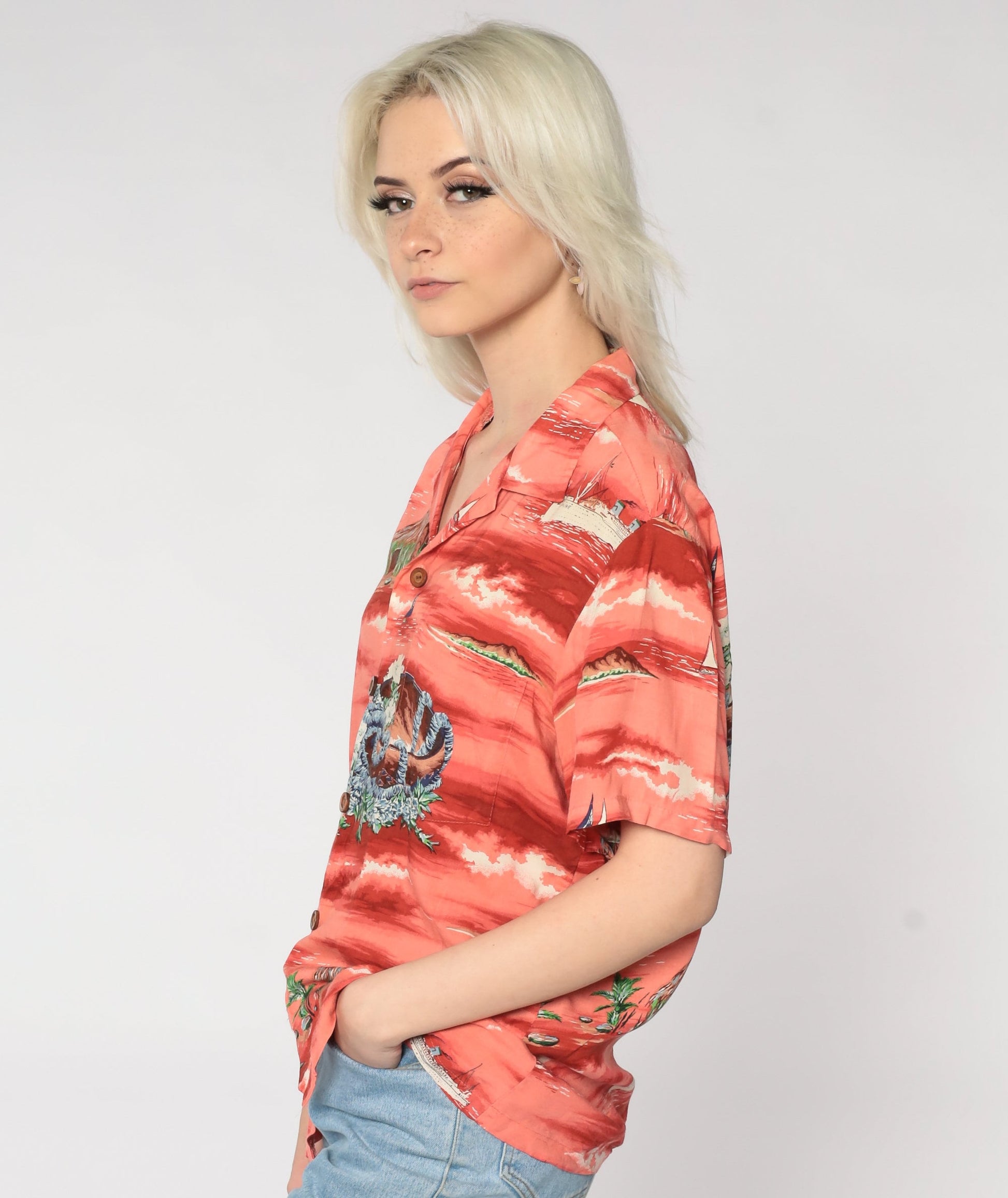 90s Ocean Pacific Hawaiian Shirt Red Tropical Print Button Up Medium