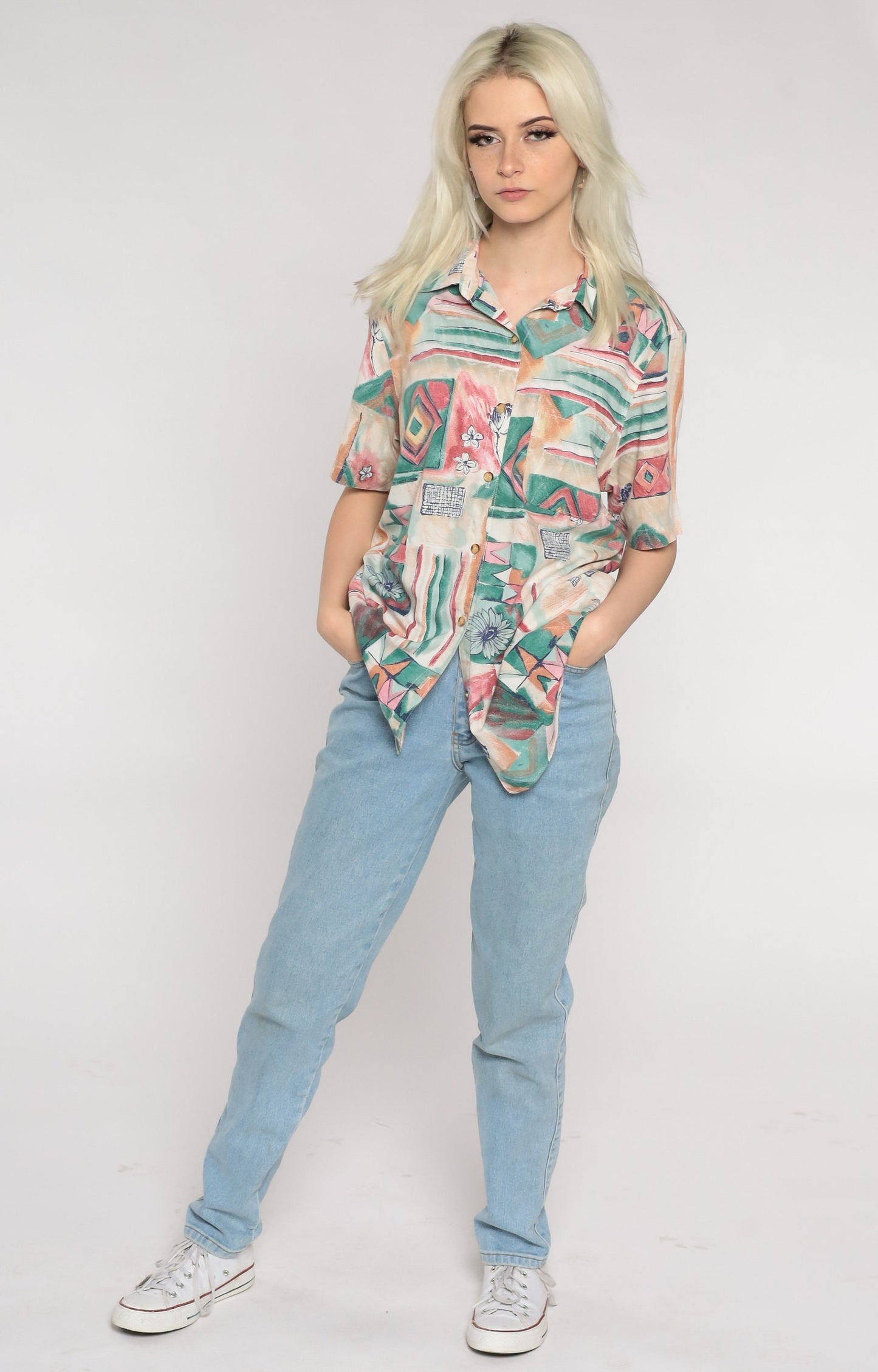 90s Geometric Floral Button-Up Blouse Red Green Abstract Print Medium