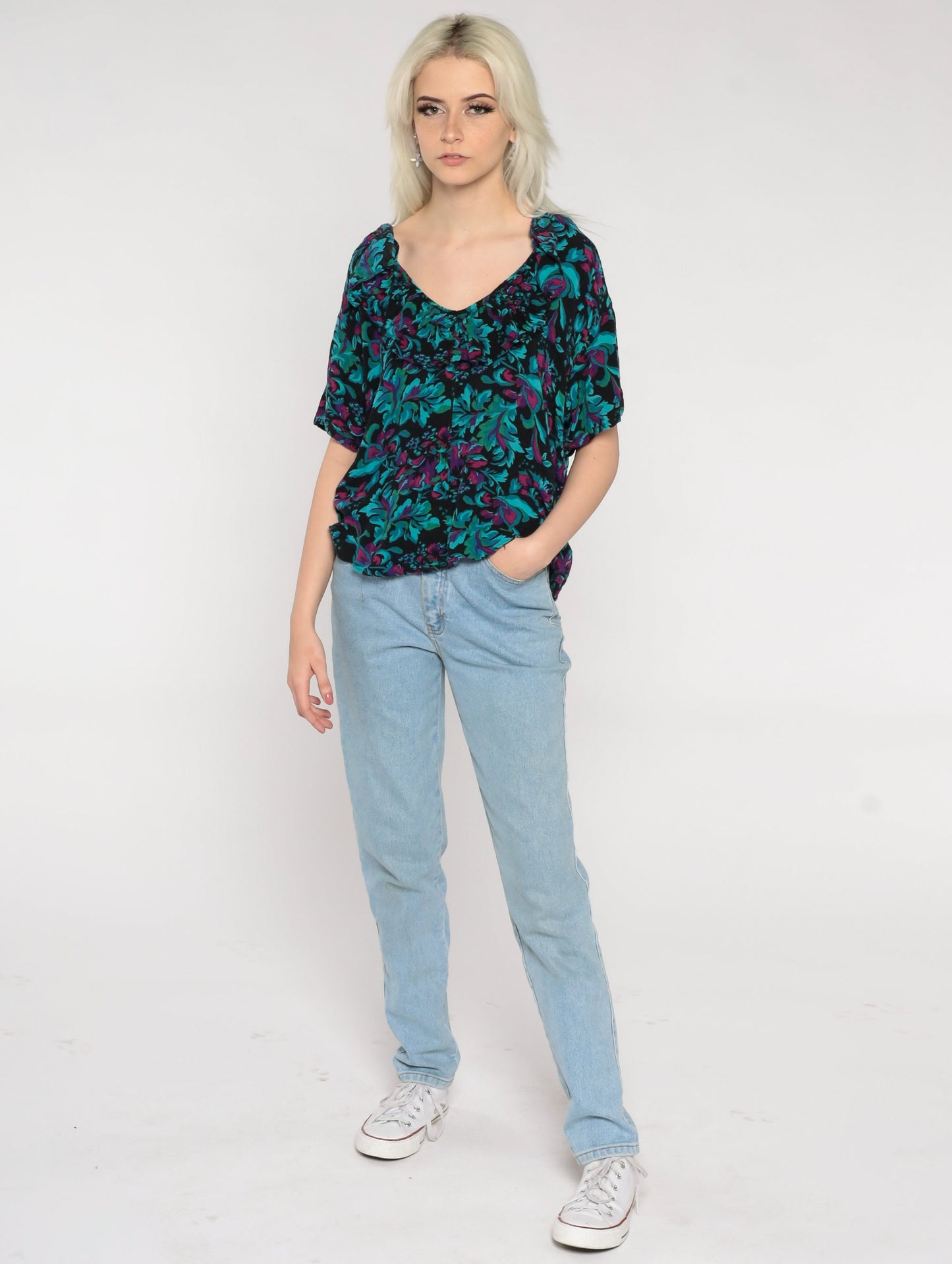 80s Floral Ruffle Blouse Black Green Flower Print Short Sleeve Large