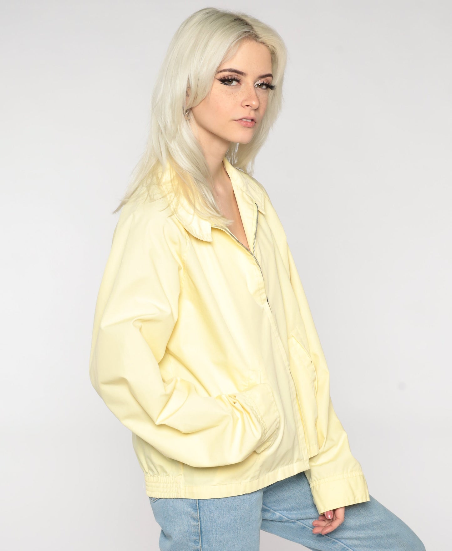 80s Yellow Windbreaker Jacket Collared Zip-Up Large L