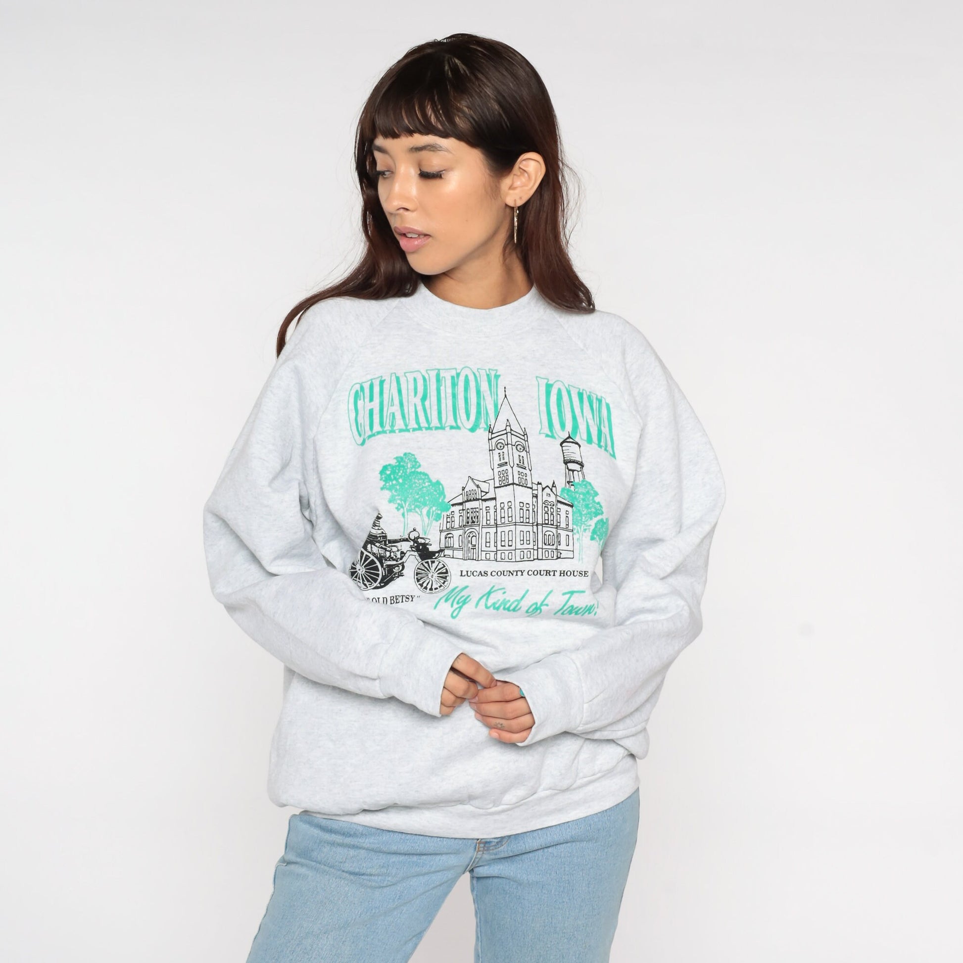 90s Chariton Iowa Courthouse Raglan Sweatshirt Grey Graphic Extra Large XXL