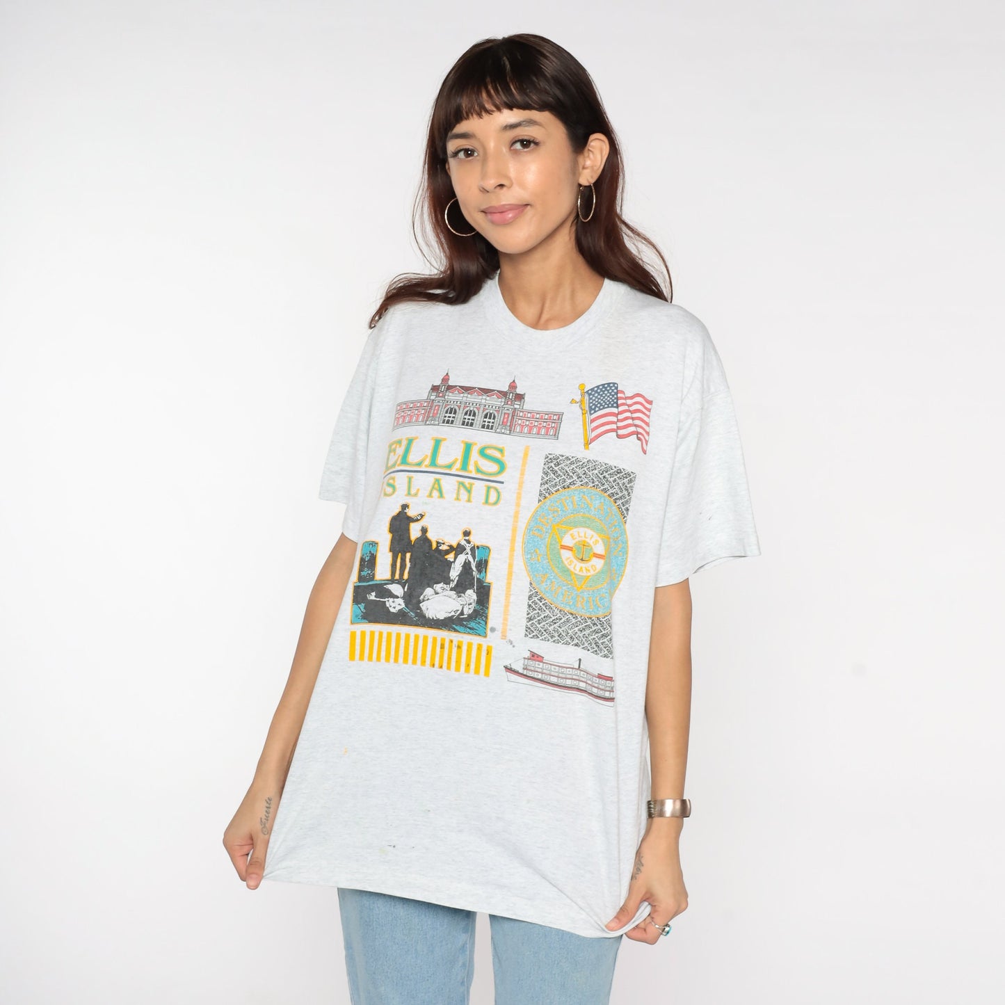 90s Ellis Island New York Graphic T-Shirt Light Heather Grey Extra Large XL