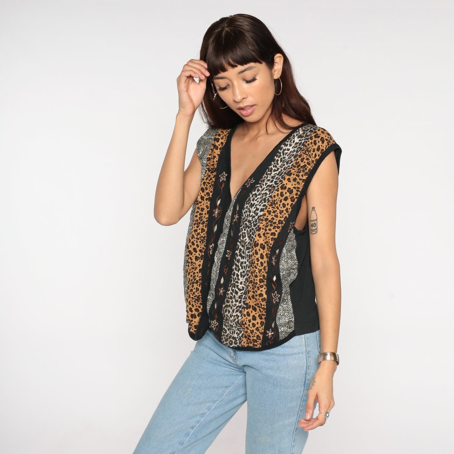 80s Animal Print Vest Top Floral Embroidered Sleeveless Blouse Large