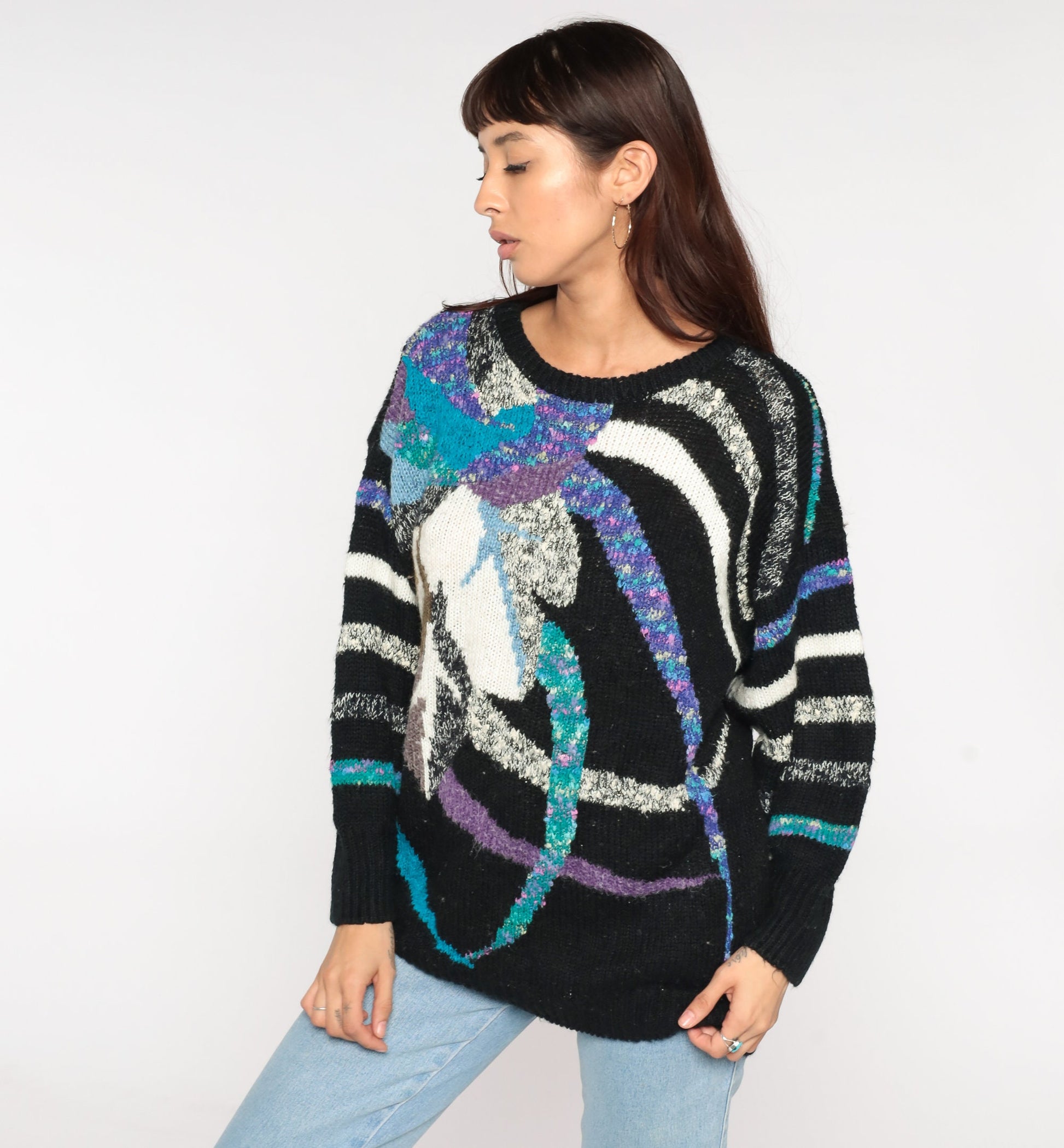 80s Black Knit Sweater Abstract Striped Leaf Print Multicolor Large L