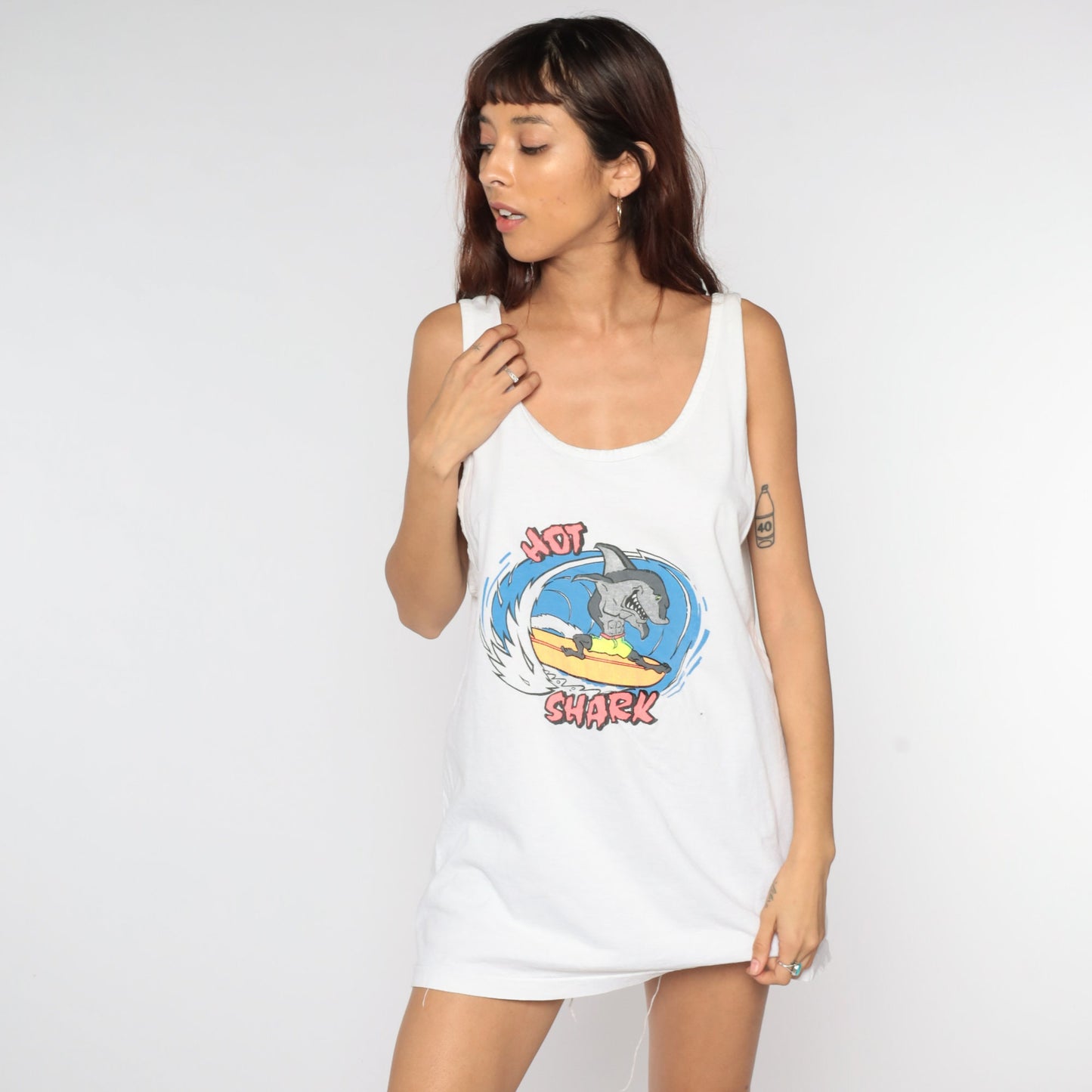 90s Hot Shark Surfing Graphic Tank Top White Extra Large XXL