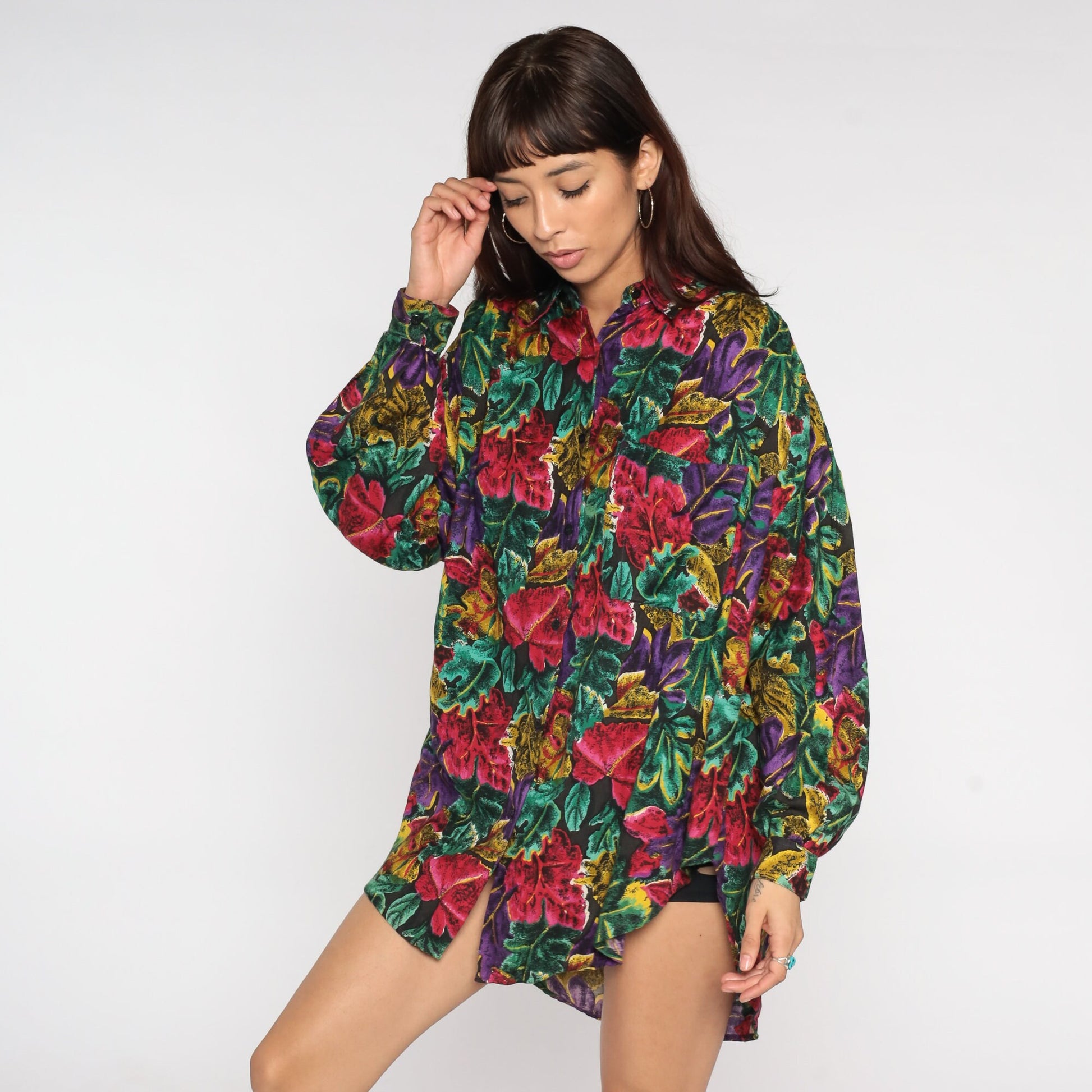 80s Tropical Floral Button-Up Blouse Dark Print Long Sleeve Collared Shirt Large L